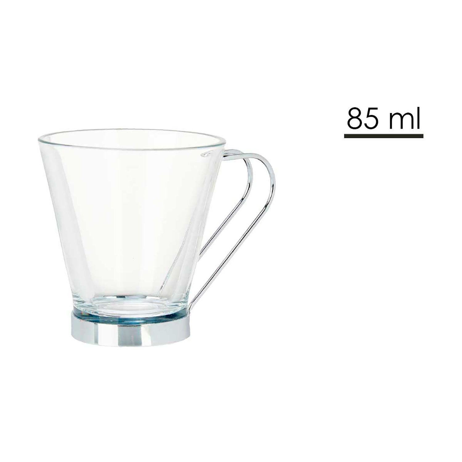 Una tazza di vetro trasparente con manico e base argentati, accanto a "85 ml".