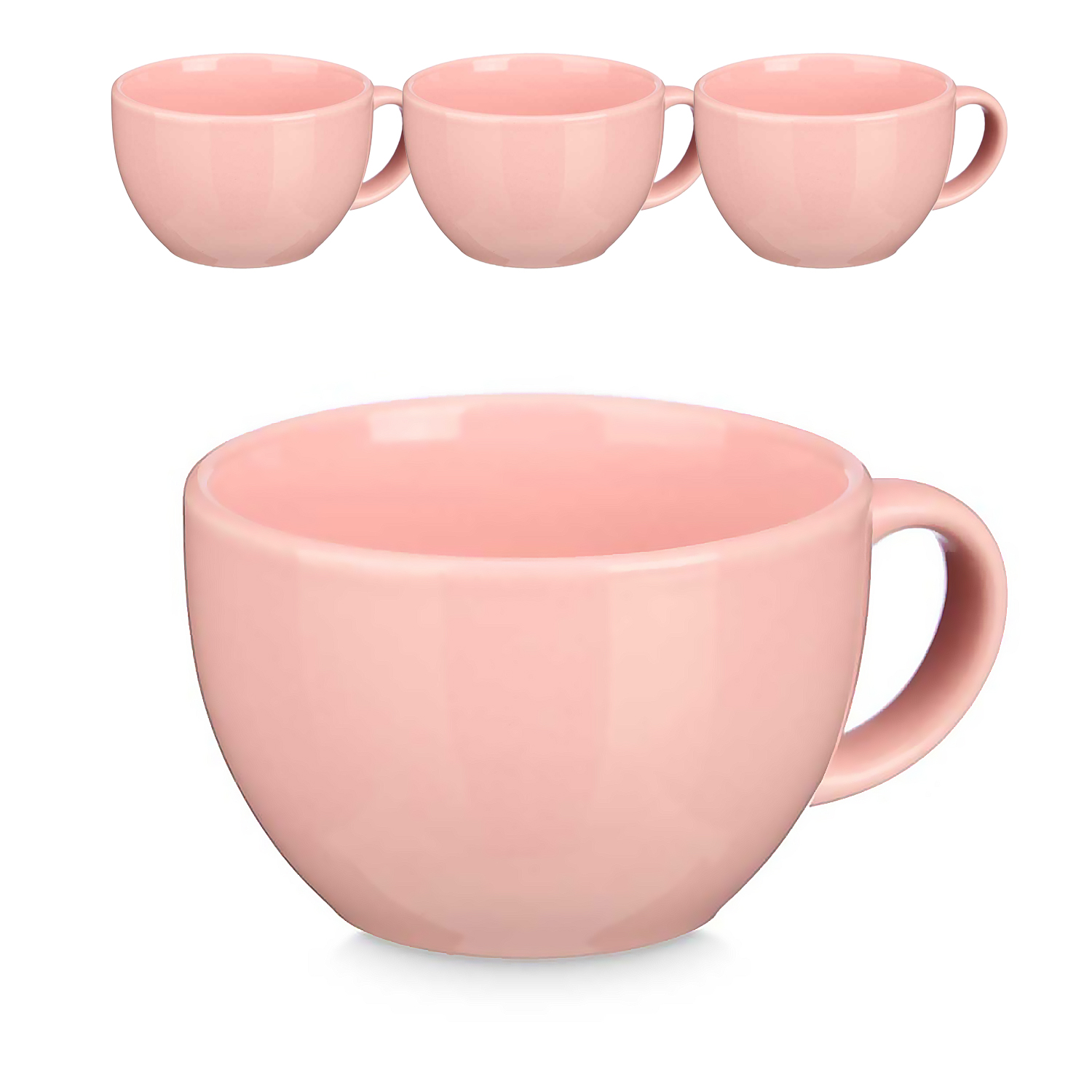Tre tazzine e una grande tazza rosa pallido su sfondo bianco.