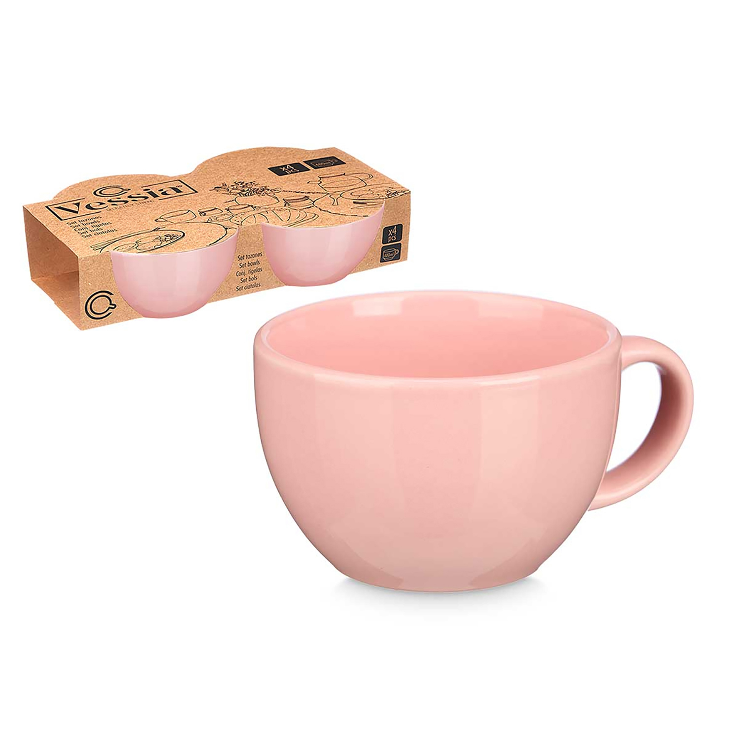 Una tazza rosa e una confezione con altre due tazze. Set di 4 ciotole.