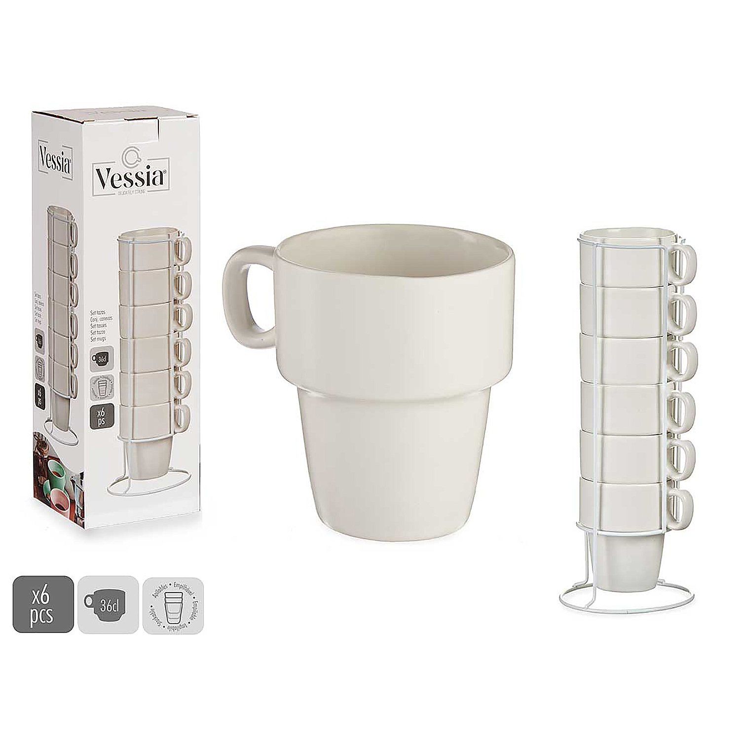 Un set di tazze color crema in un rack e una singola tazza accanto.