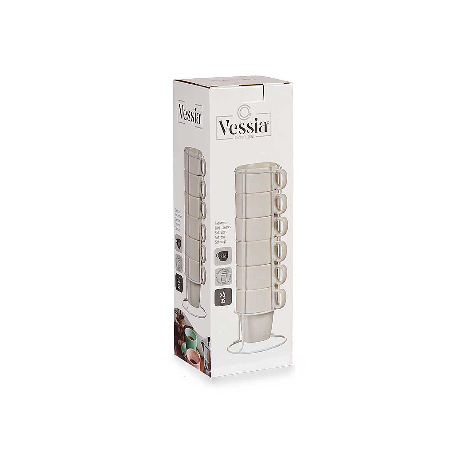 Scatola con sei tazze beige chiaro su un supporto metallico.