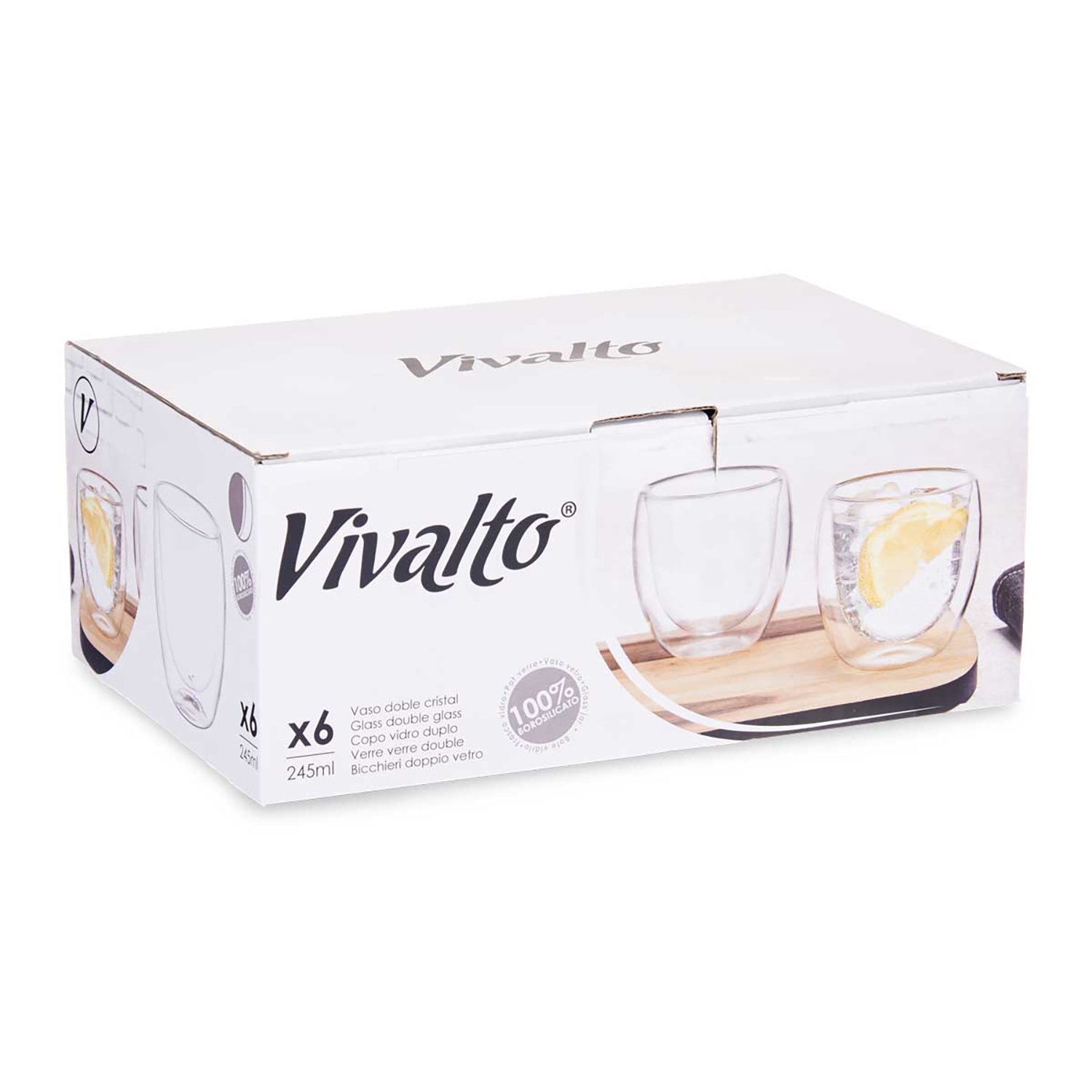 Confezione da sei bicchieri Vivalto a doppia parete, 245ml, in vetro borosilicato.