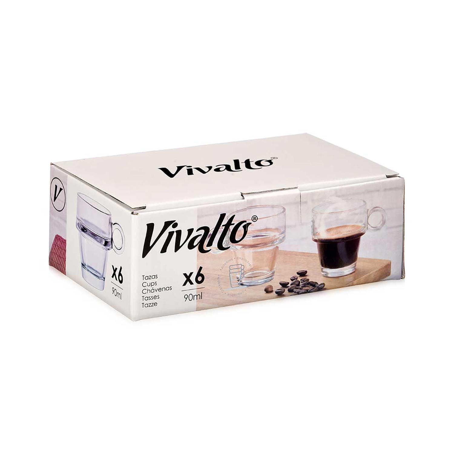 Set tazzine espresso Vivalto, 6 bicchieri con manico, 90ml, su confezione cartone.