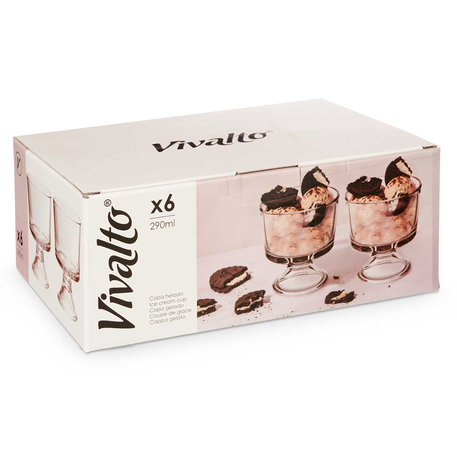 Scatola per 6 coppette gelato con gelato e biscotti.