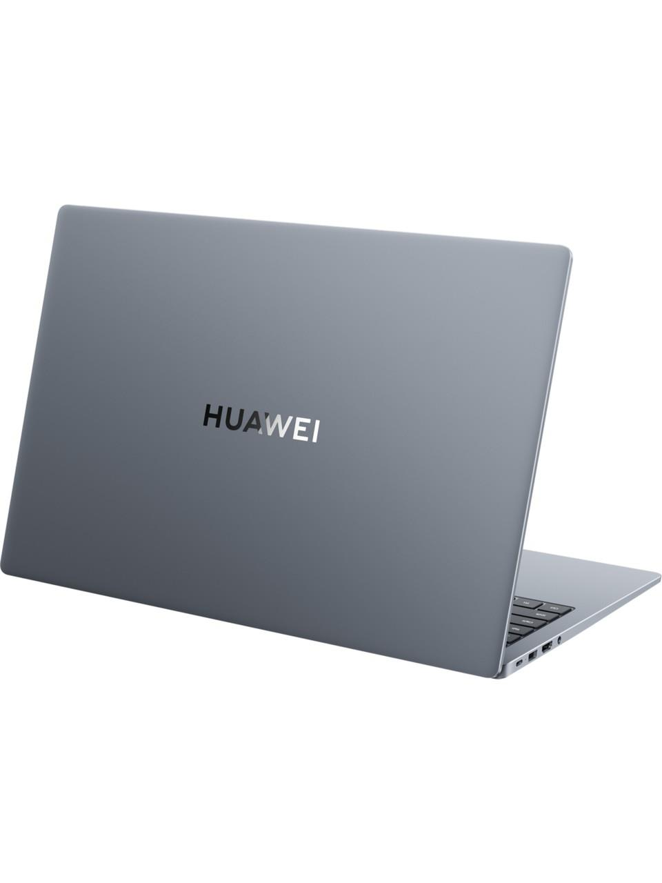 Beyaz arka plan üzerinde klavyeli ve portlu gri Huawei dizüstü bilgisayar.
