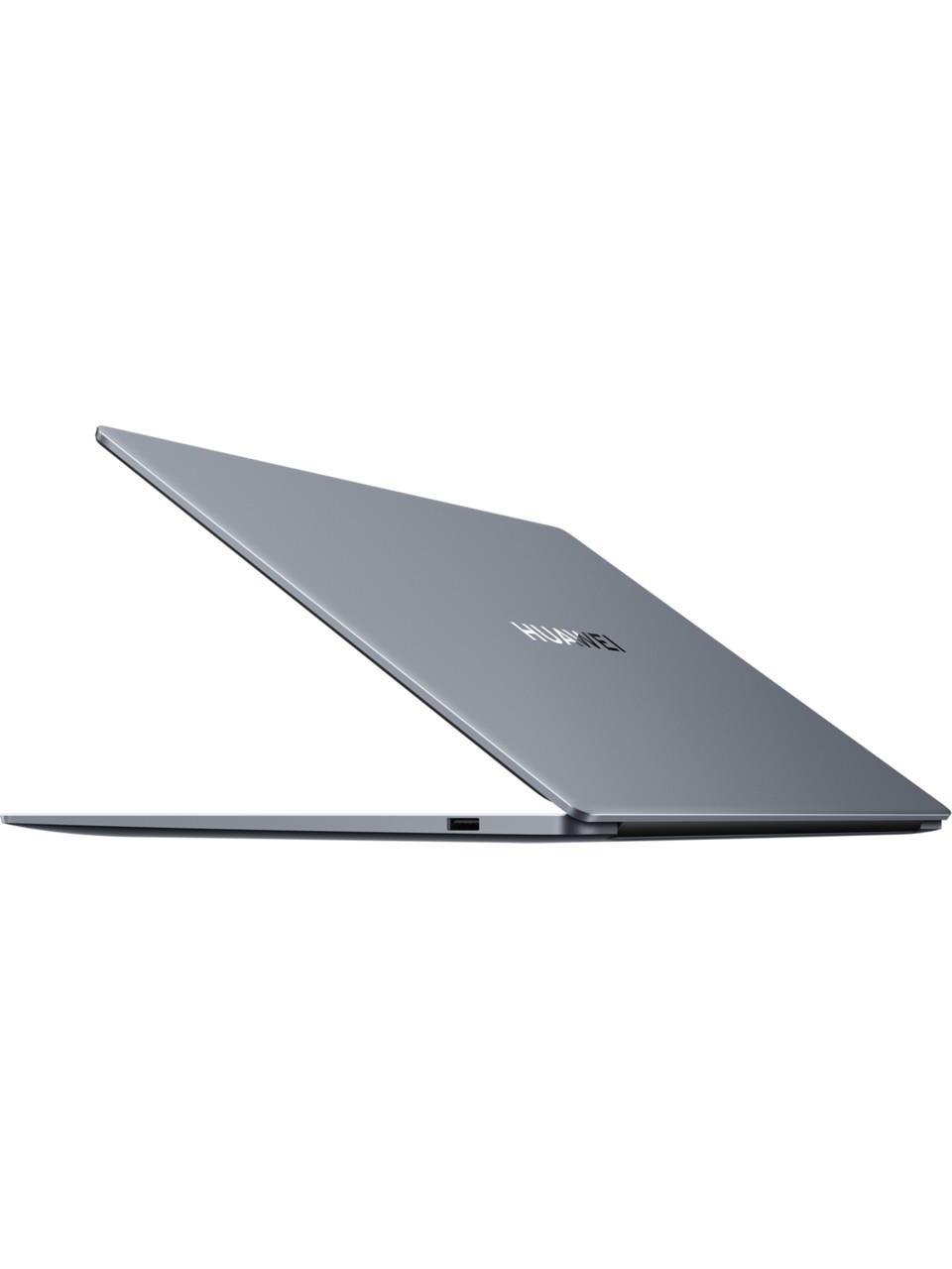Yanda USB-C bağlantı noktasına sahip kapalı, gri bir Huawei dizüstü bilgisayar.