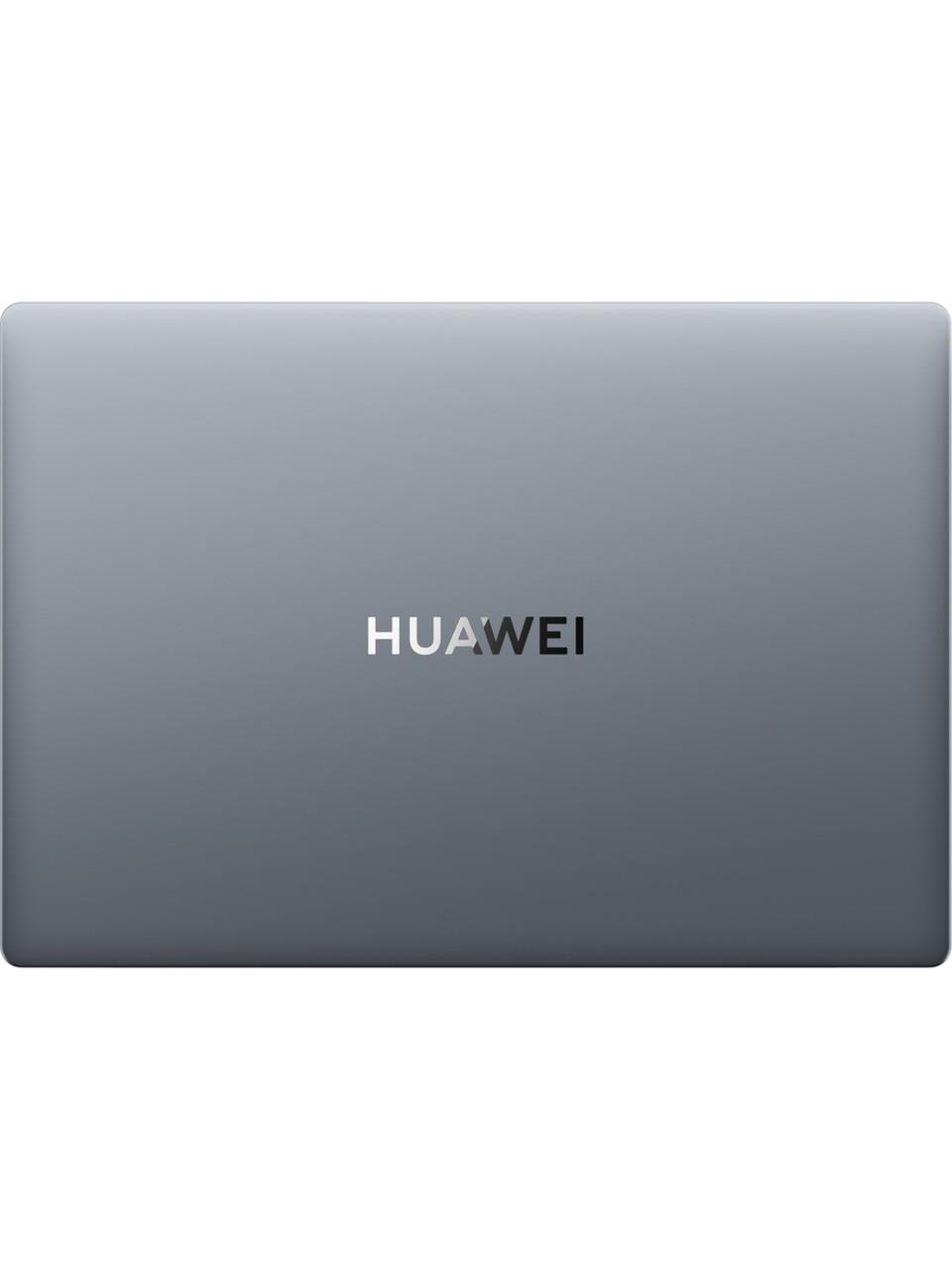Kapalı gri Huawei dizüstü bilgisayar, üzerinde logo.