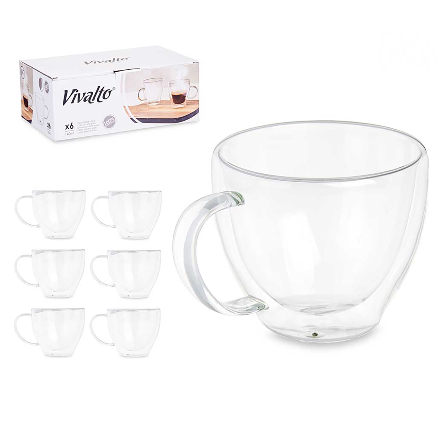 Una scatola Vivalto con 6 tazze in vetro a doppia parete e una tazza singola accanto.