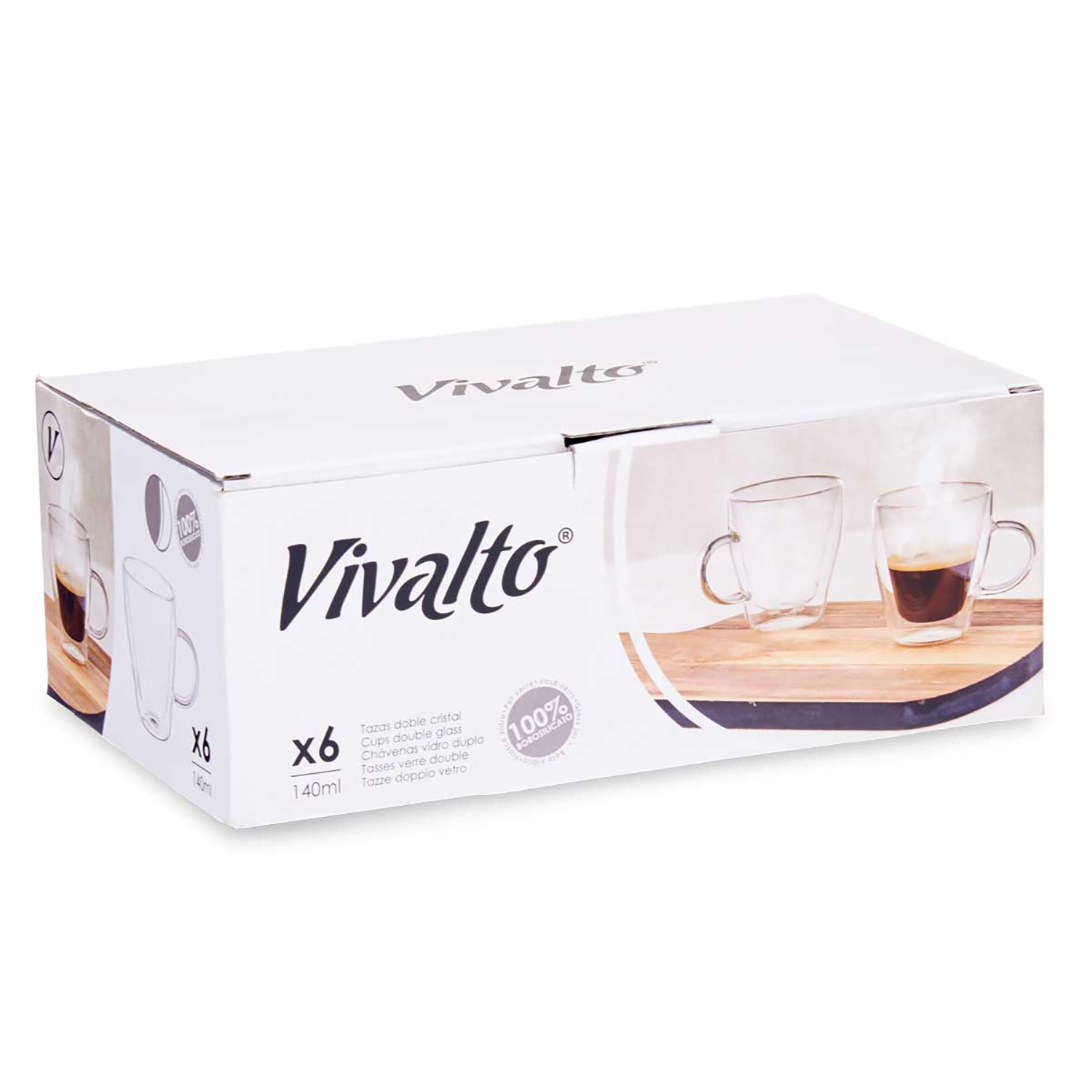 Scatola da 6 tazze in vetro a doppia parete, 140ml, con immagine caffè.