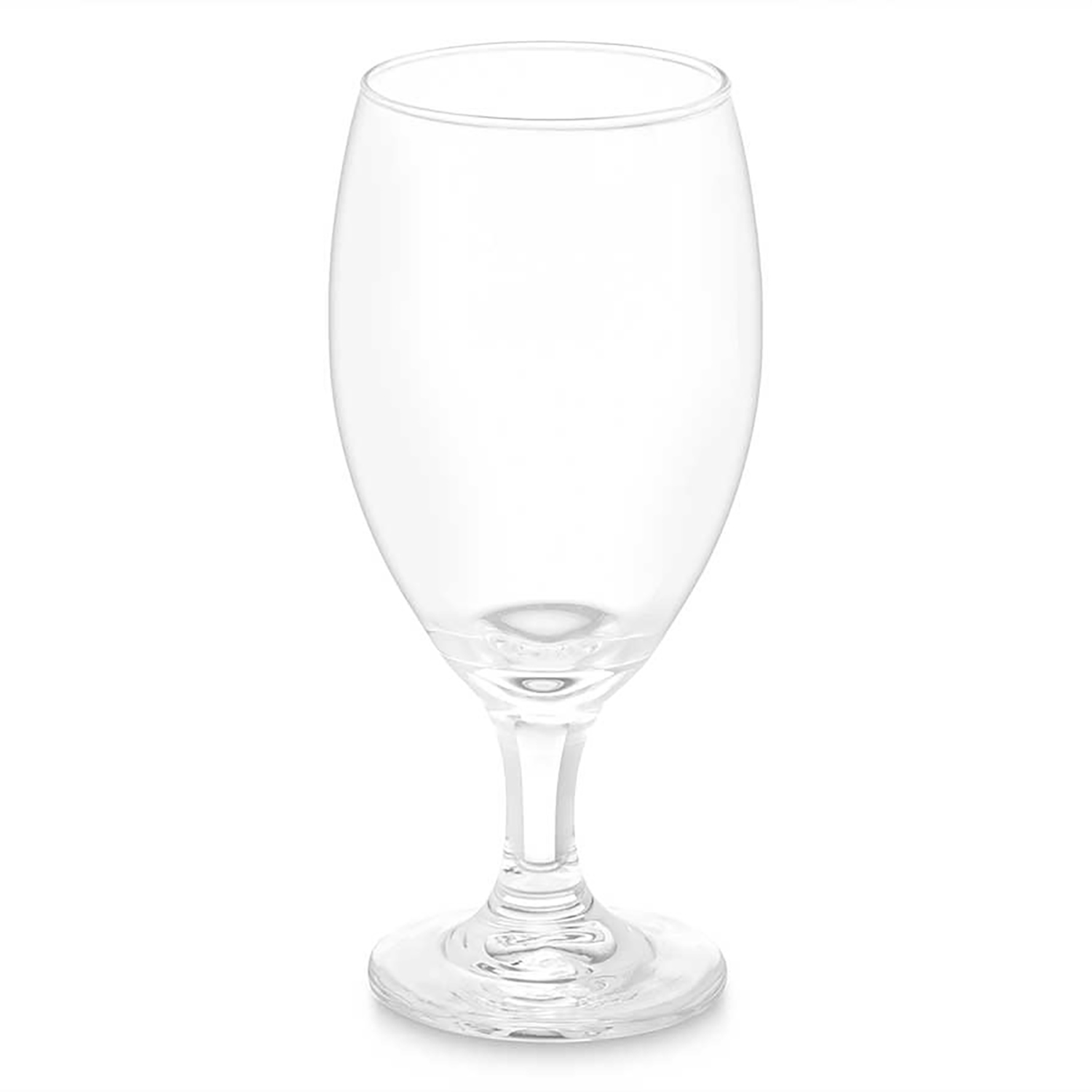 Un bicchiere da vino vuoto e trasparente su sfondo bianco.
