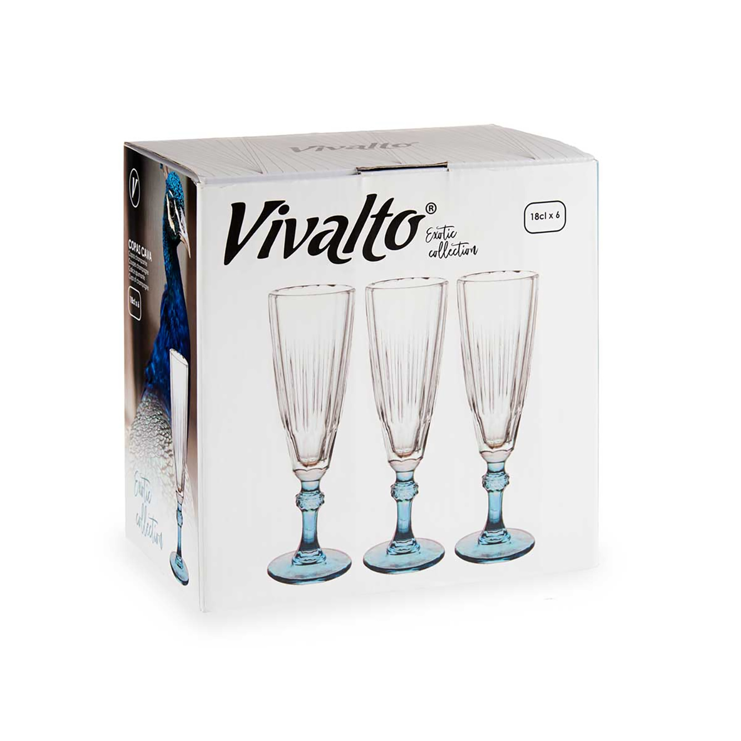 Scatola con tre bicchieri di cristallo con stelo blu e design di pavone.
