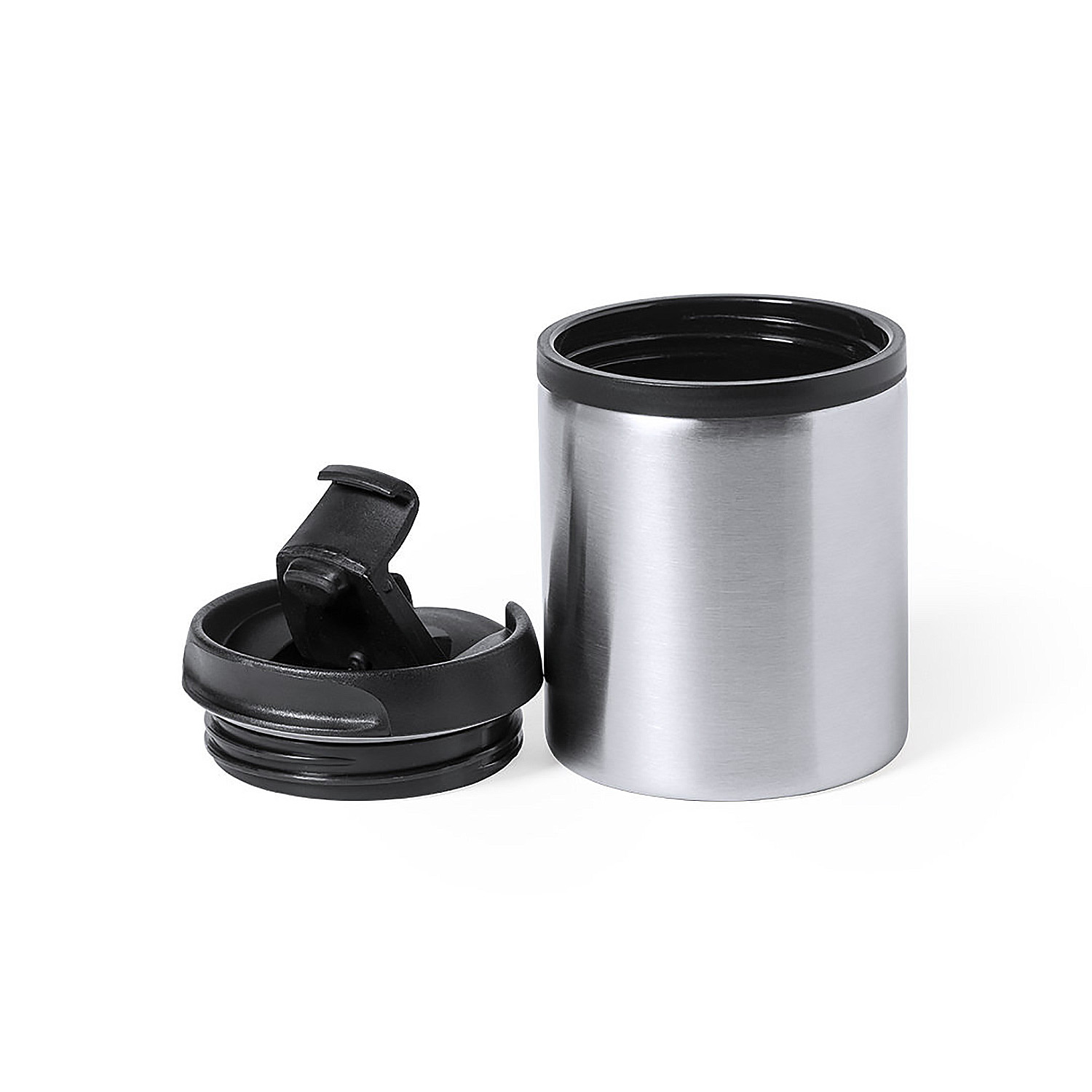 Tazza argentata con coperchio nero accanto.