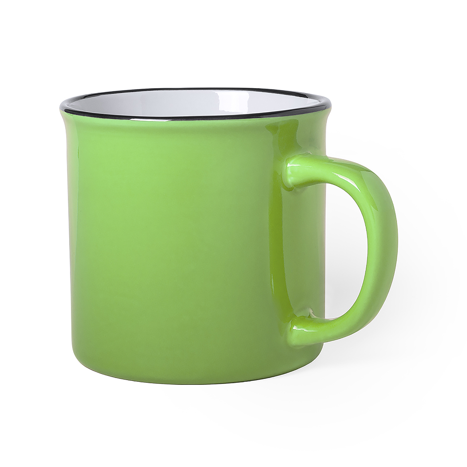 Una tazza verde brillante con bordo e manico neri.
