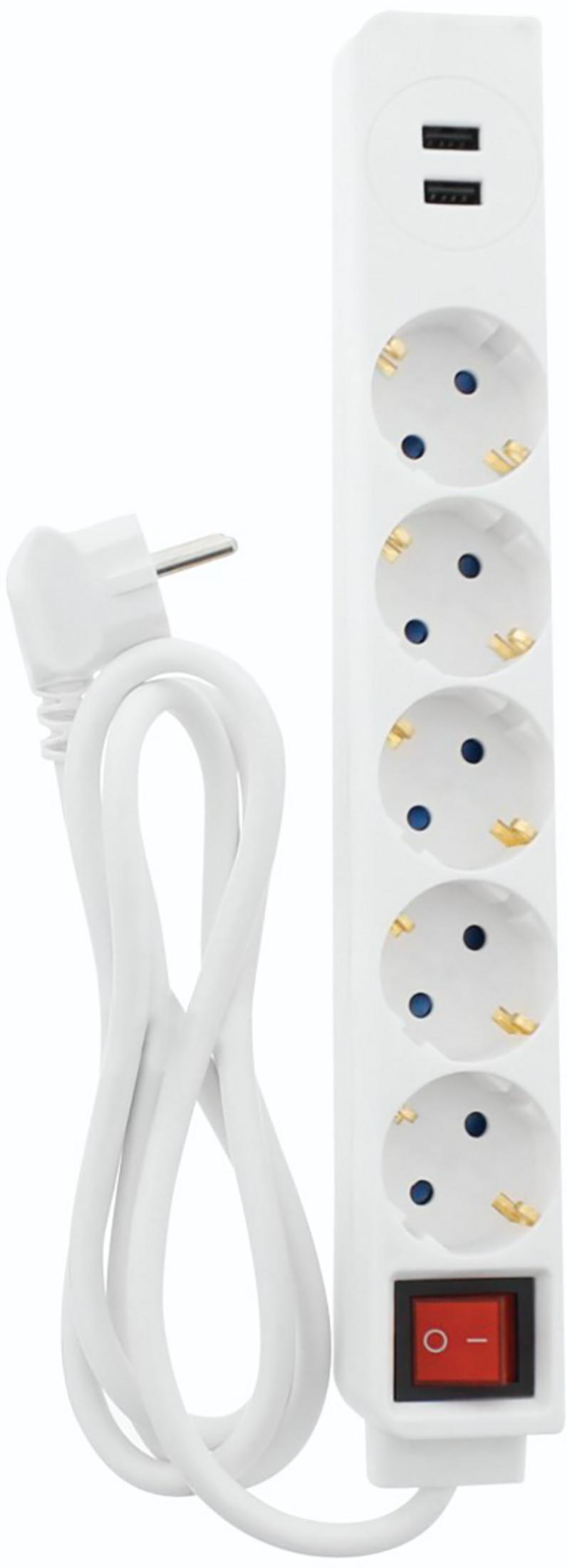 Weiße Steckdosenleiste mit 5 Steckdosen, 2 USB-Anschlüssen und rotem Schalter.