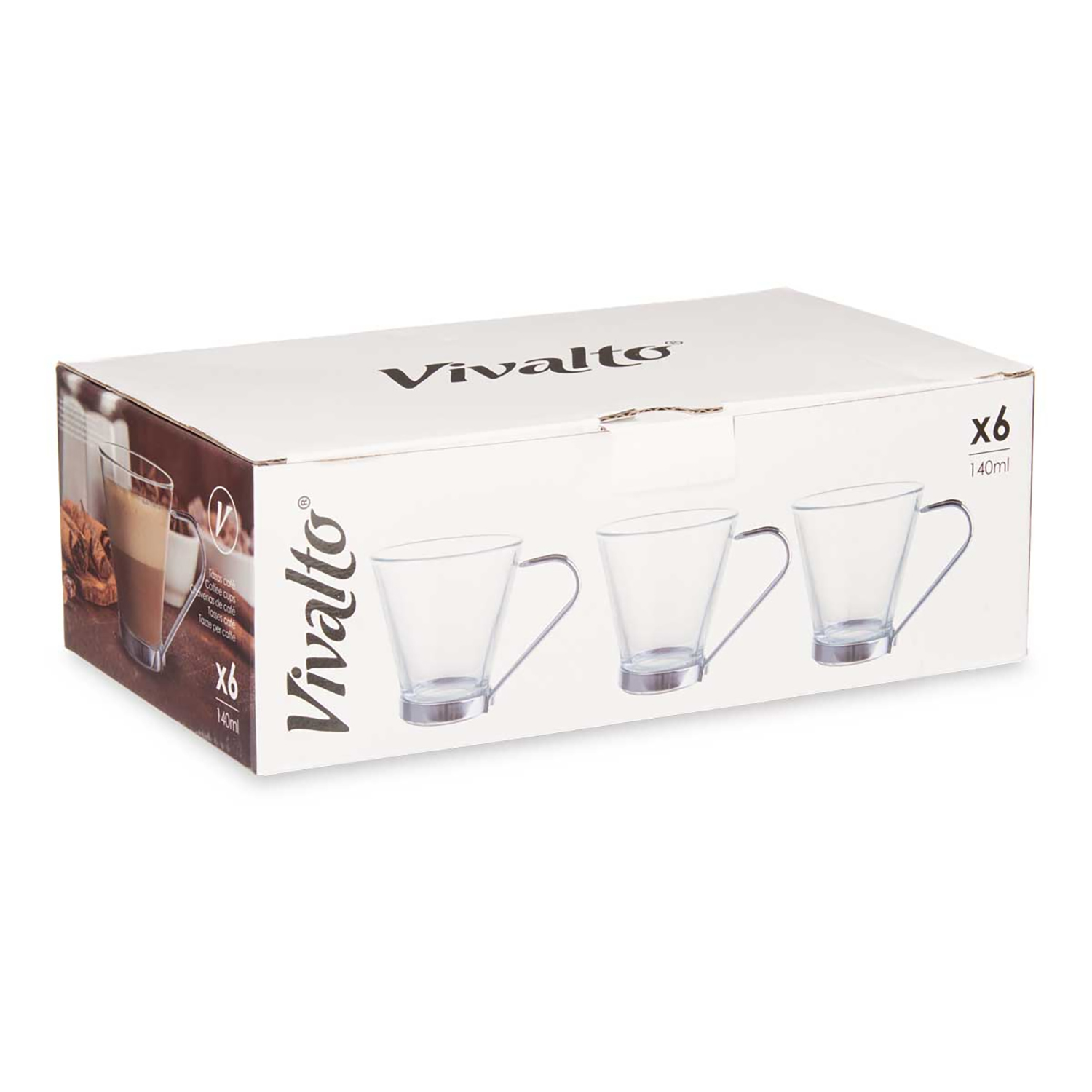 Set 6 tazzine caffè Vivalto, 140 ml, vetro con manici in metallo.