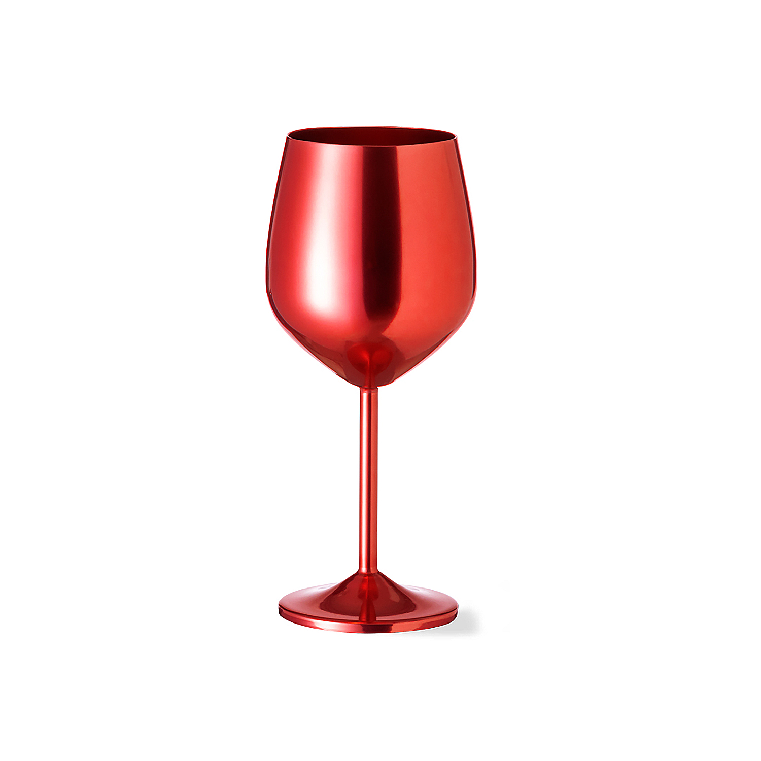 Il gambo di un bicchiere da vino rosso lucido su sfondo bianco.