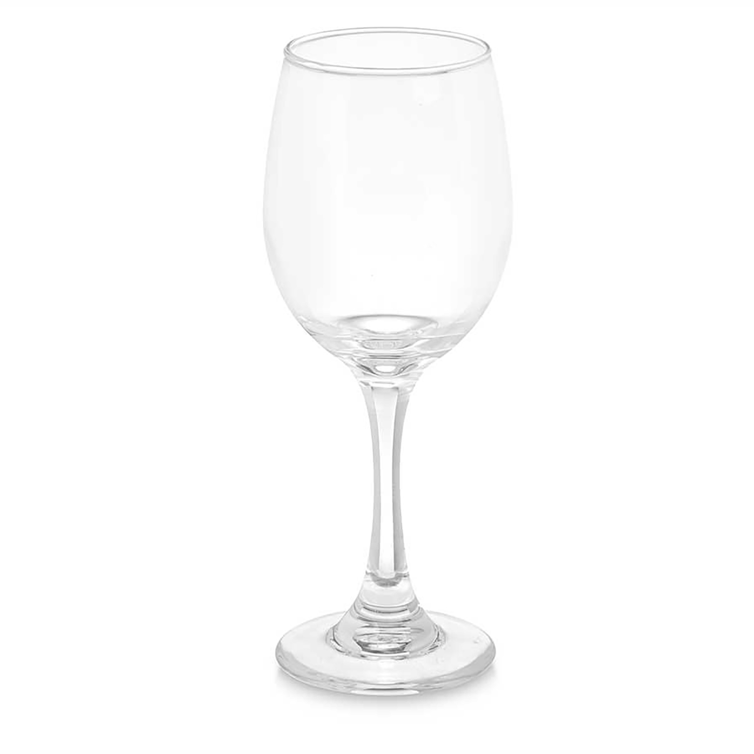 Un bicchiere da vino vuoto e trasparente su sfondo bianco.