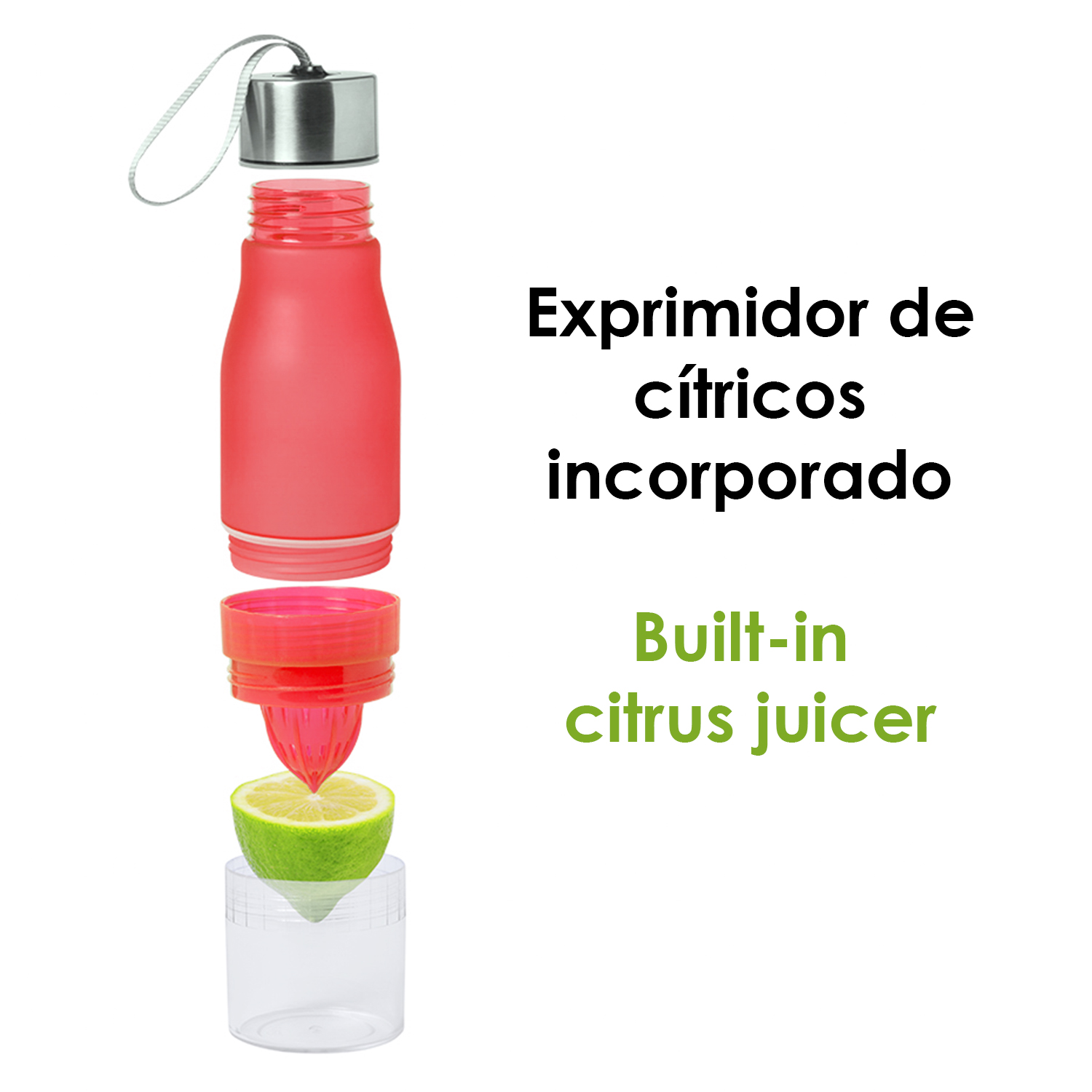Una borraccia smontata con spremiagrumi integrato, lime e tappo.