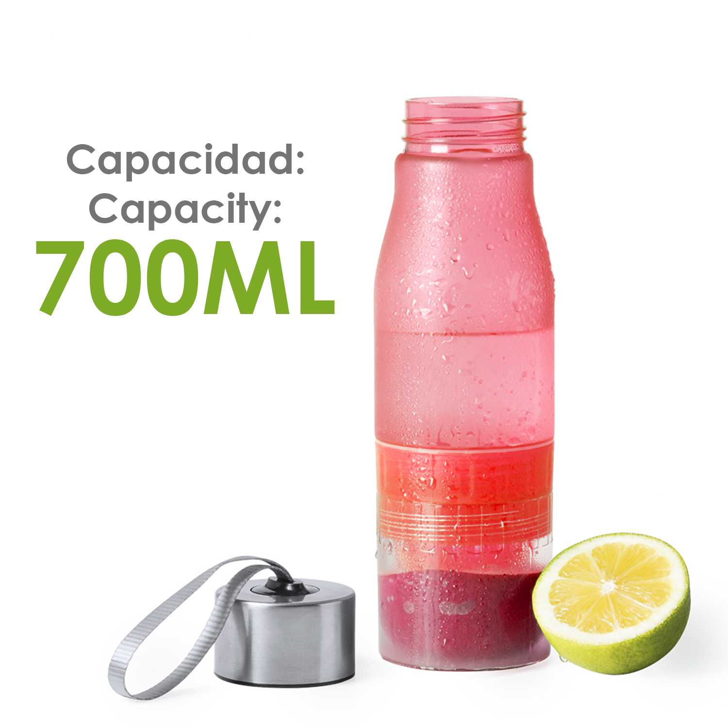 Bottiglia rossa da 700ML con polpa congelata, tappo argentato e mezzo limone.