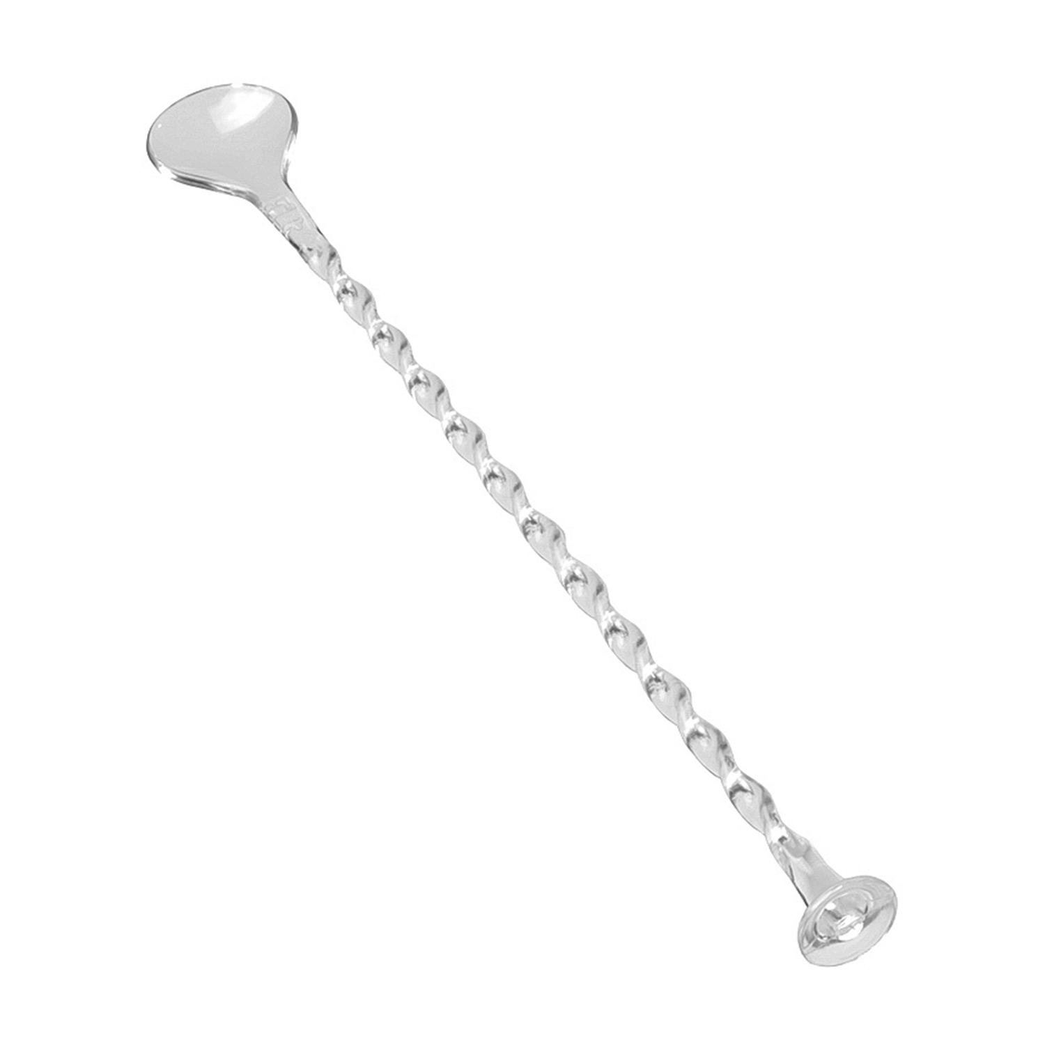 Un lungo bar spoon ritorto in metallo trasparente, con un cucchiaio a un'estremità e un pomello piatto all'altra.