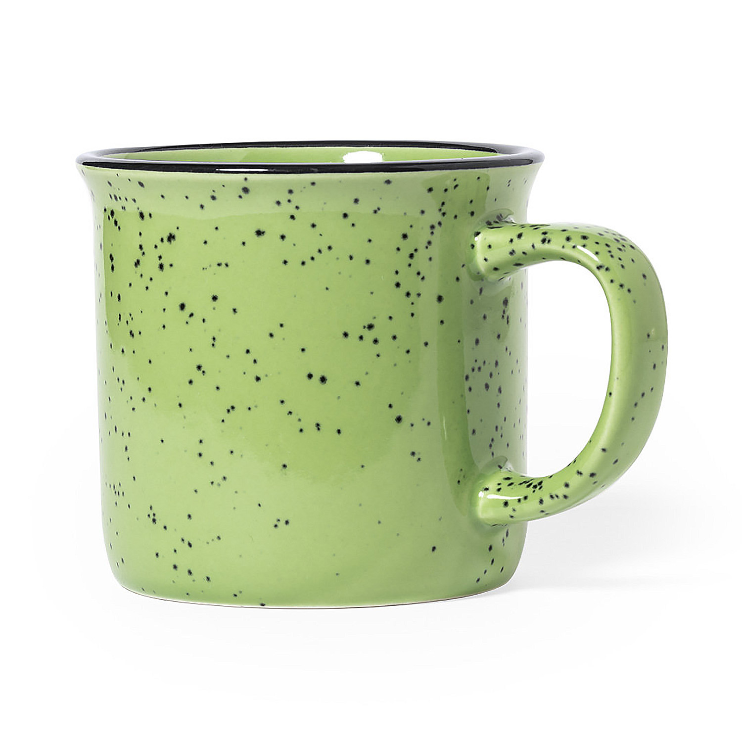 Tazza in ceramica verde con macchie nere e bordo nero.