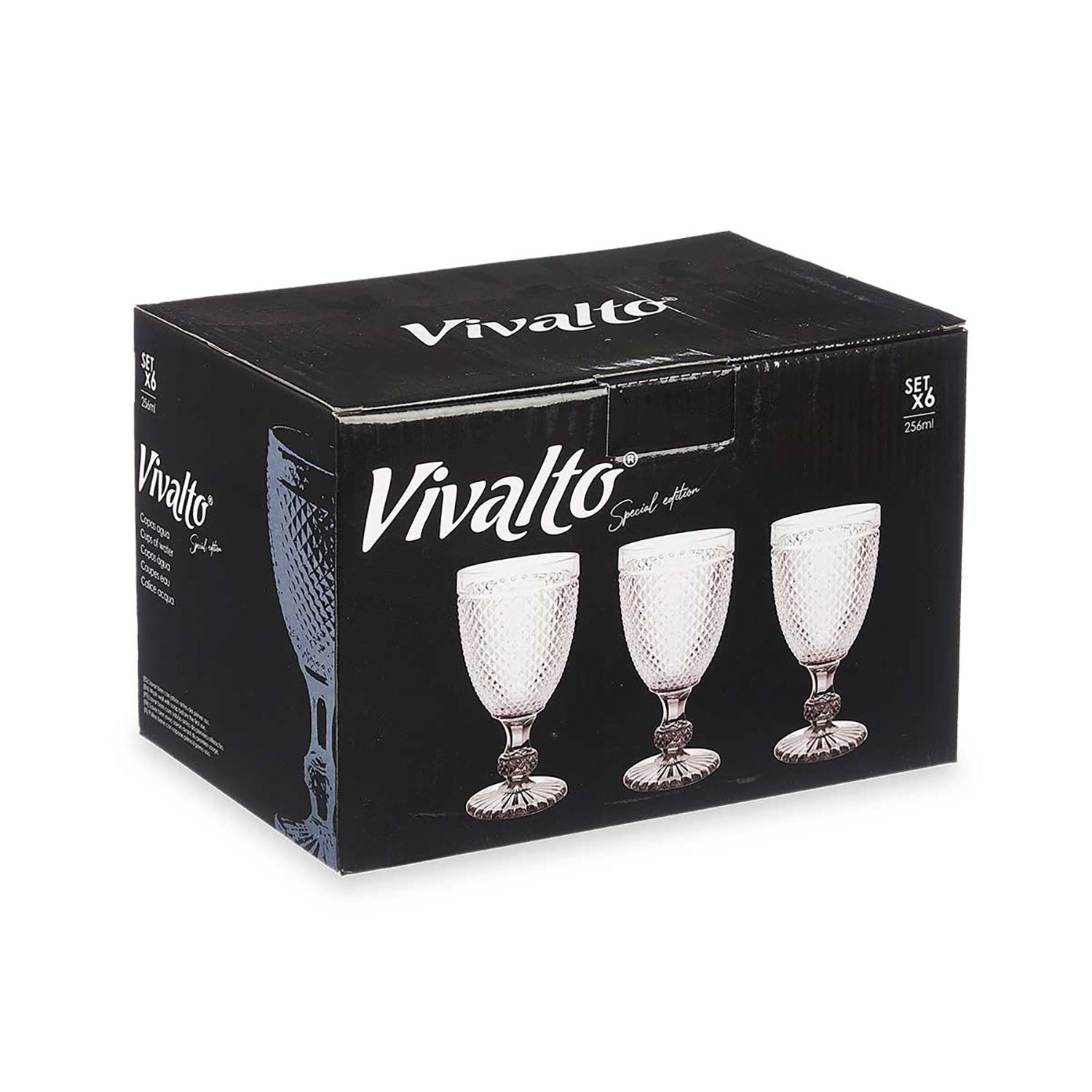 Scatola nera che mostra tre calici di cristallo con il logo Vivalto e testo edizione speciale.
