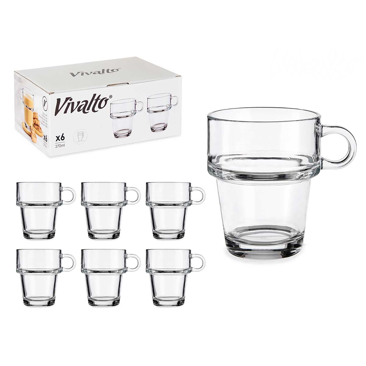 Scatola da 6 bicchieri in vetro Vivalto, 270ml, e un bicchiere singolo accanto.