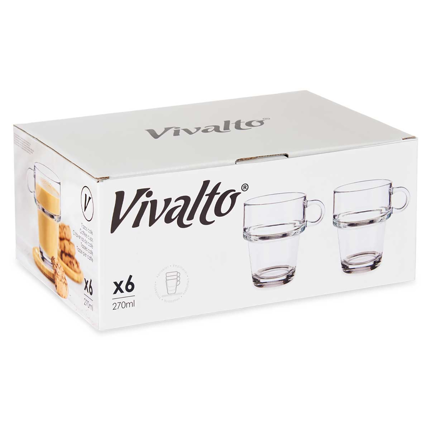 Scatola di sei bicchieri Vivalto, 270 ml ciascuno, con immagine di caffè e biscotti.