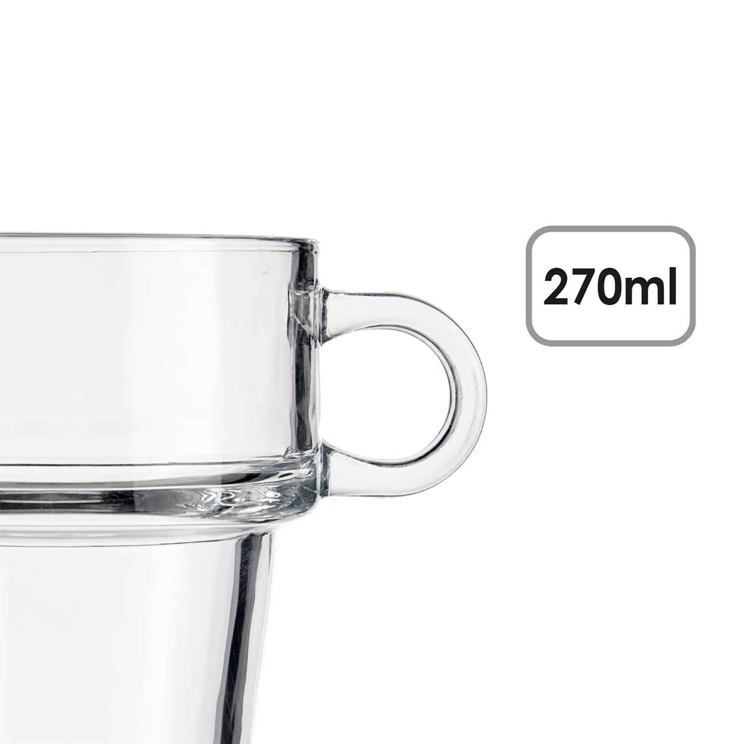 Tazza in vetro trasparente con manico, etichettata 270 ml.
