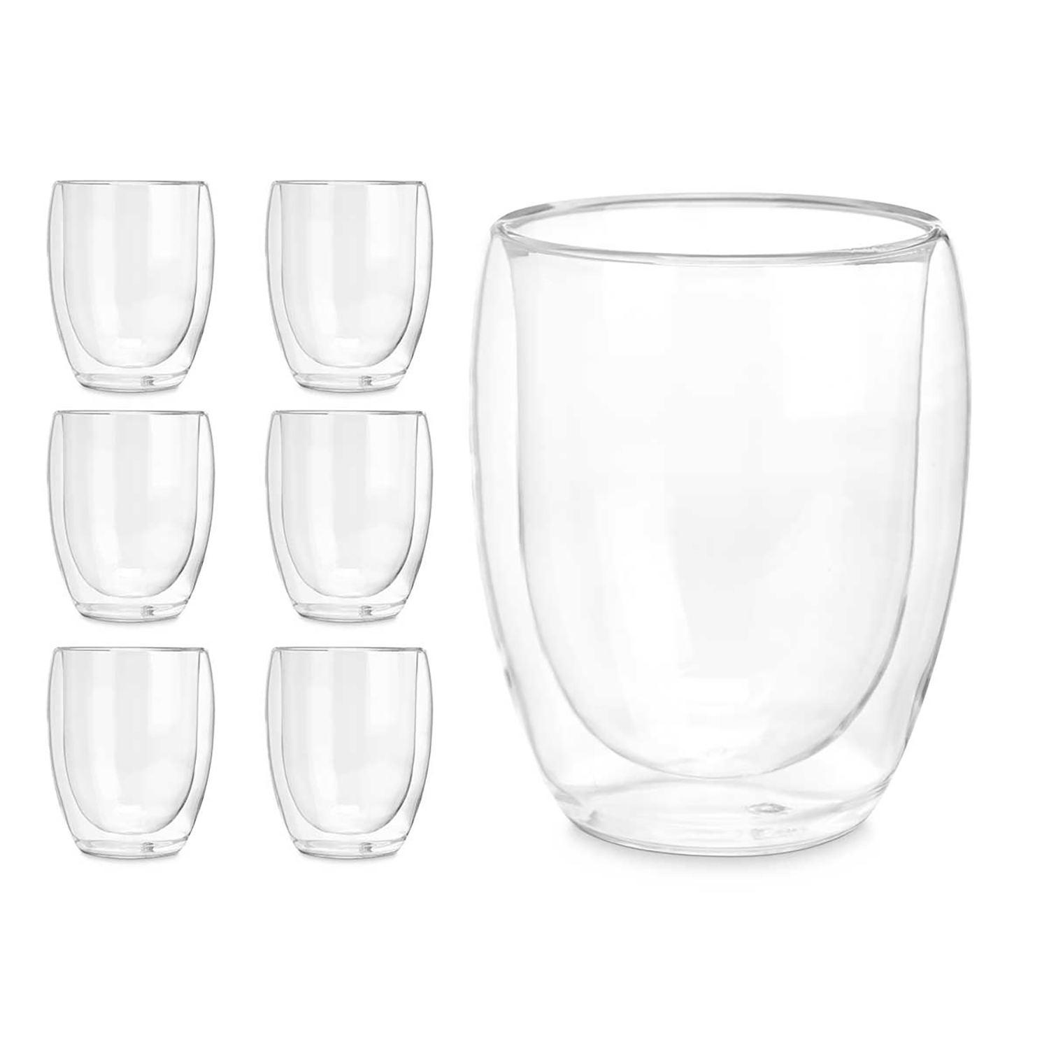 Seis vasos transparentes de doble pared a la izquierda, un vaso grande a la derecha.