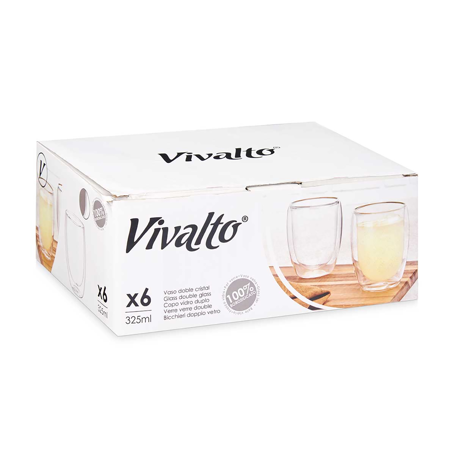 Caja de 6 vasos de doble pared, 325 ml cada uno.