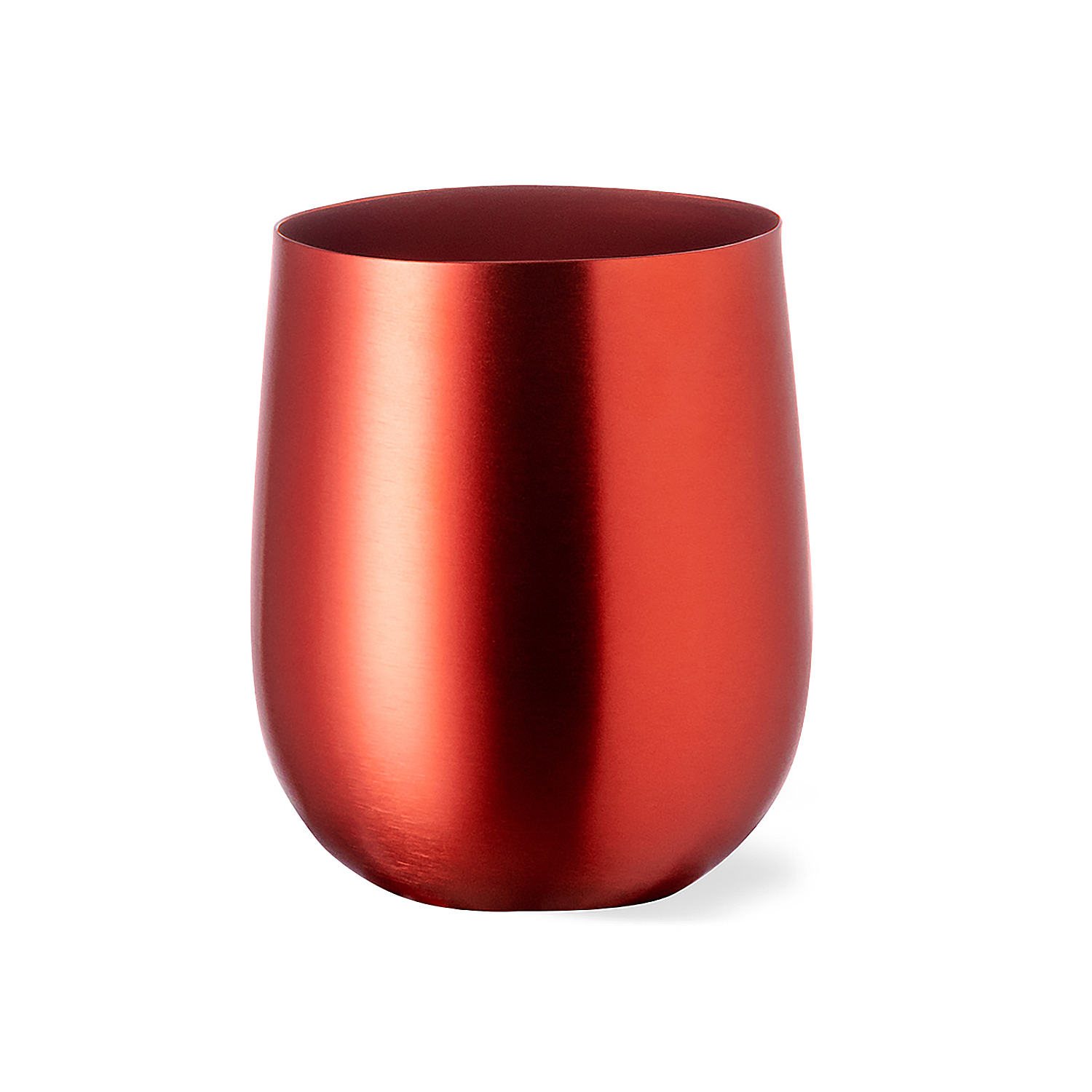 Una tazza lucida, rossa, bulbosa, senza stelo, isolata su sfondo bianco.