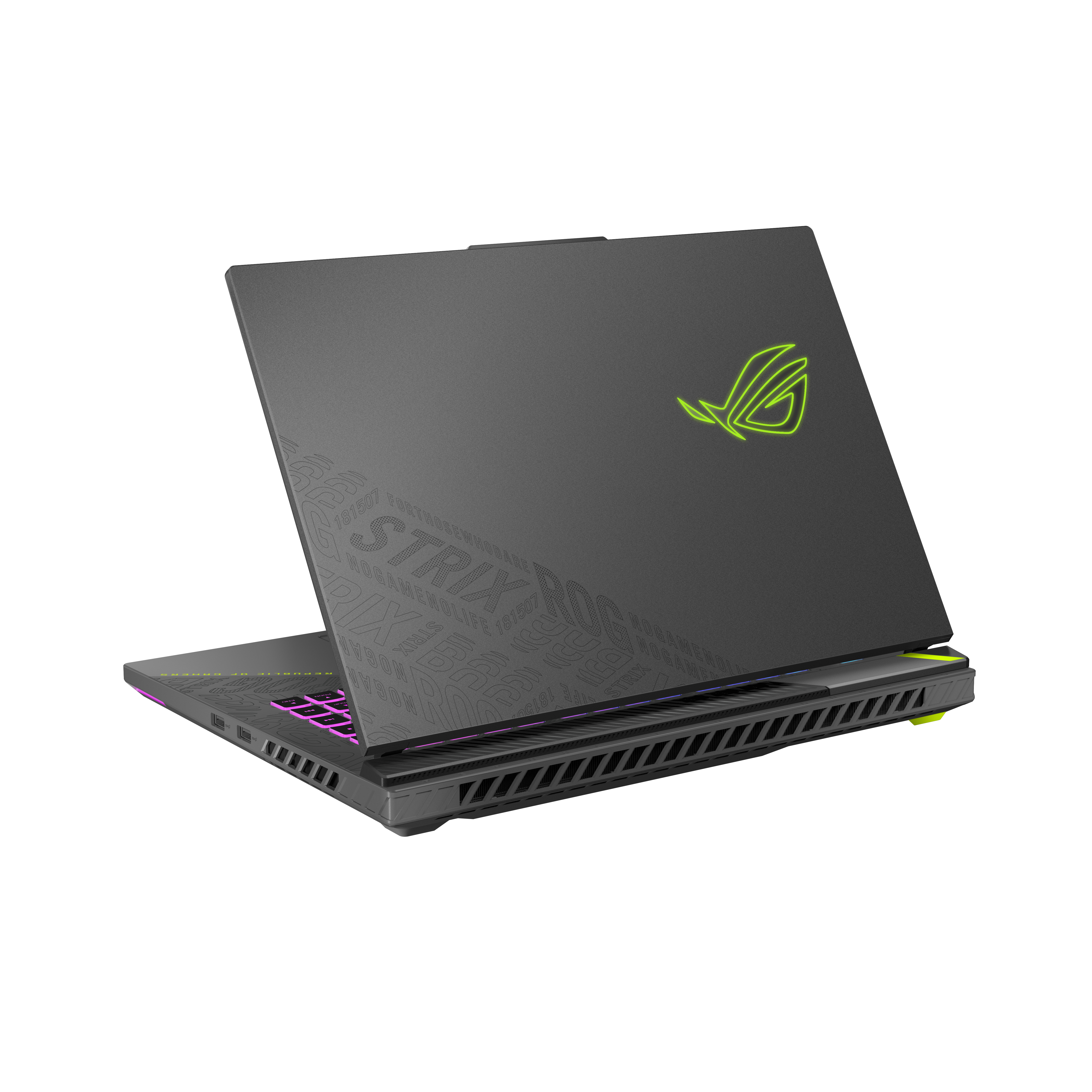 Schwarzer Laptop mit leuchtend grünem Logo und Tastaturbeleuchtung.