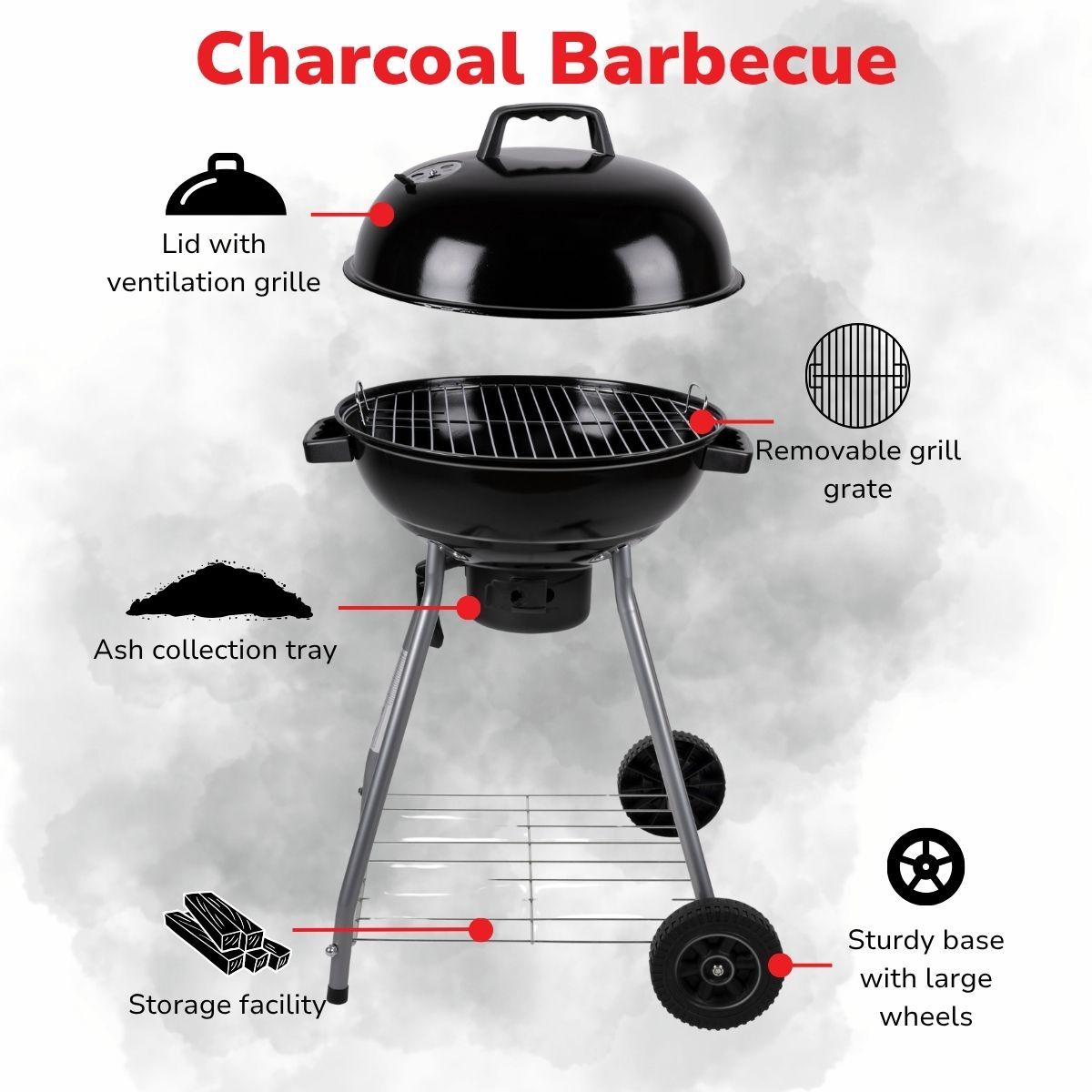 A black charcoal barbecue with lid, grate, ash tray, and wheels.