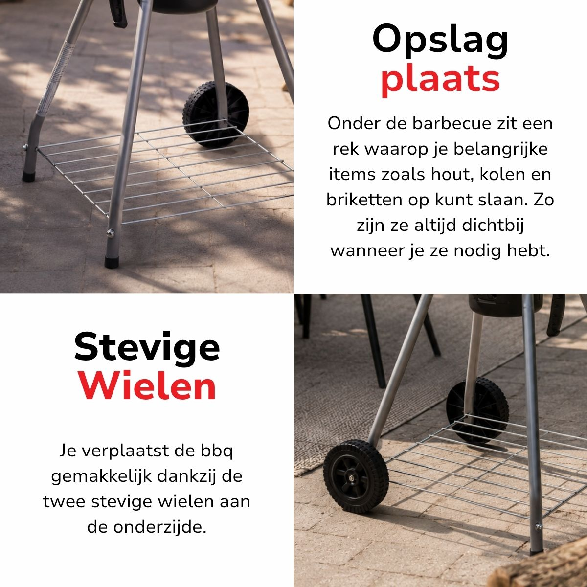 A grill with two wheels and a storage shelf below. Sturdy and mobile.