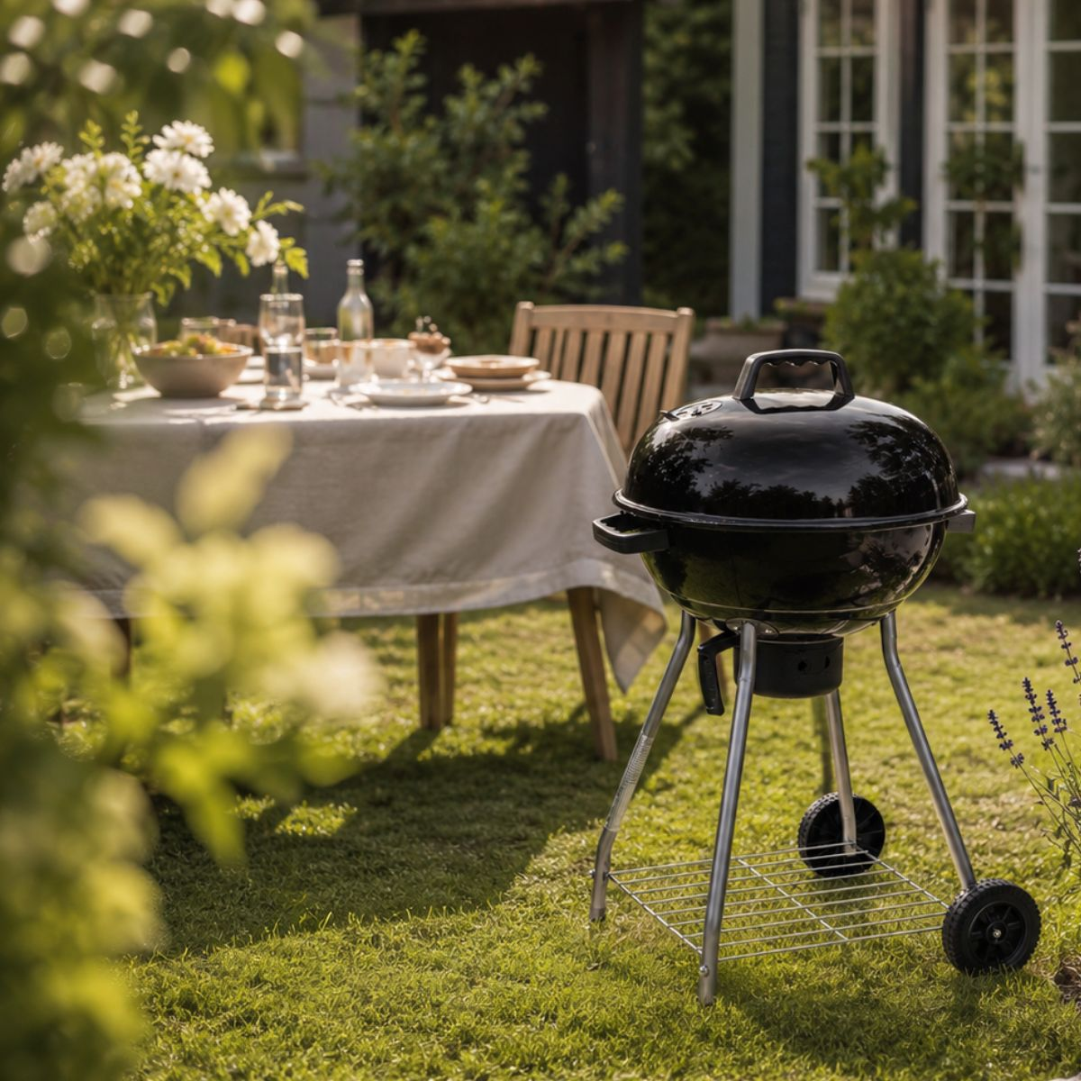 A black grill sits in a garden next to a set table with food.