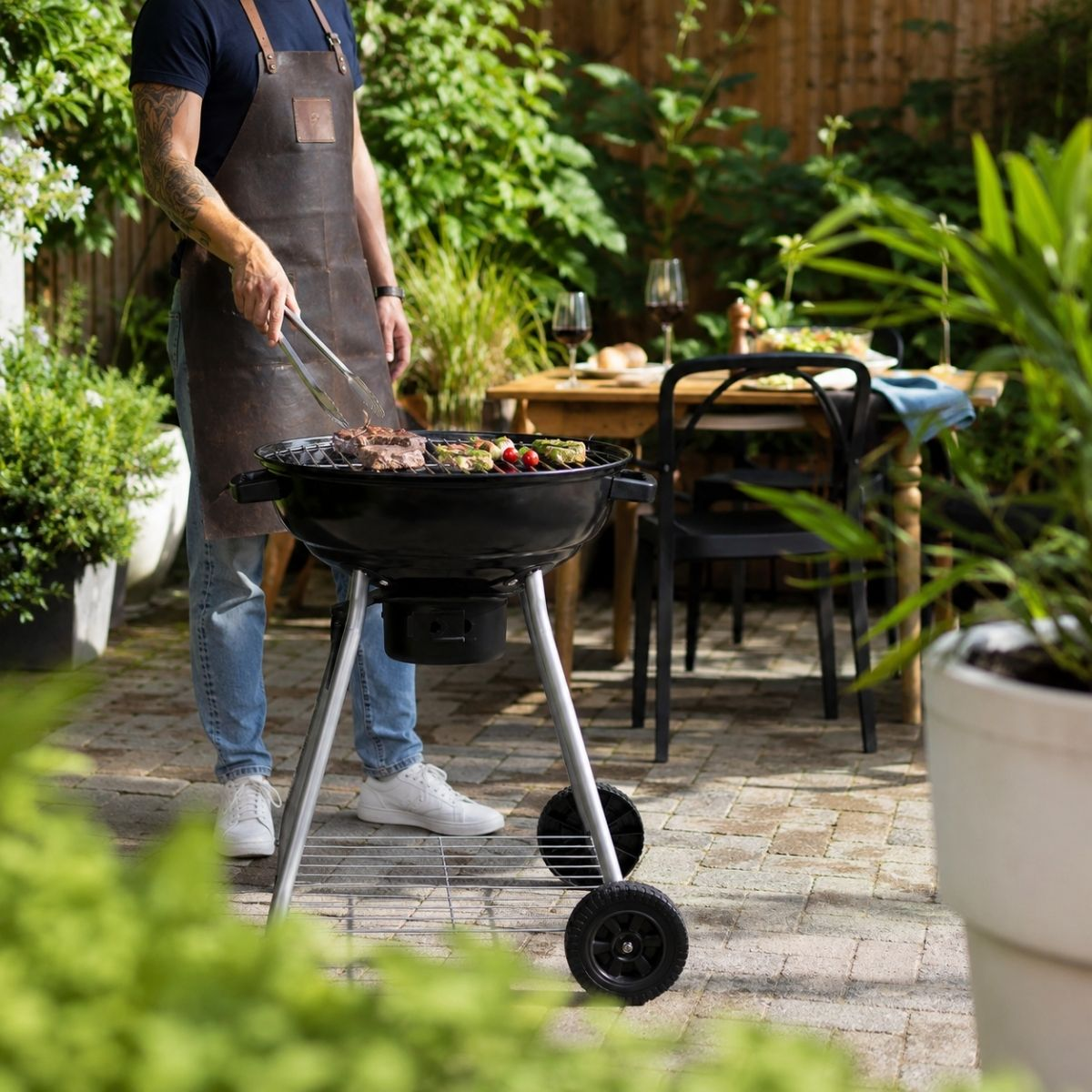 Man in apron grills meat and vegetables on charcoal grill in a garden setting.