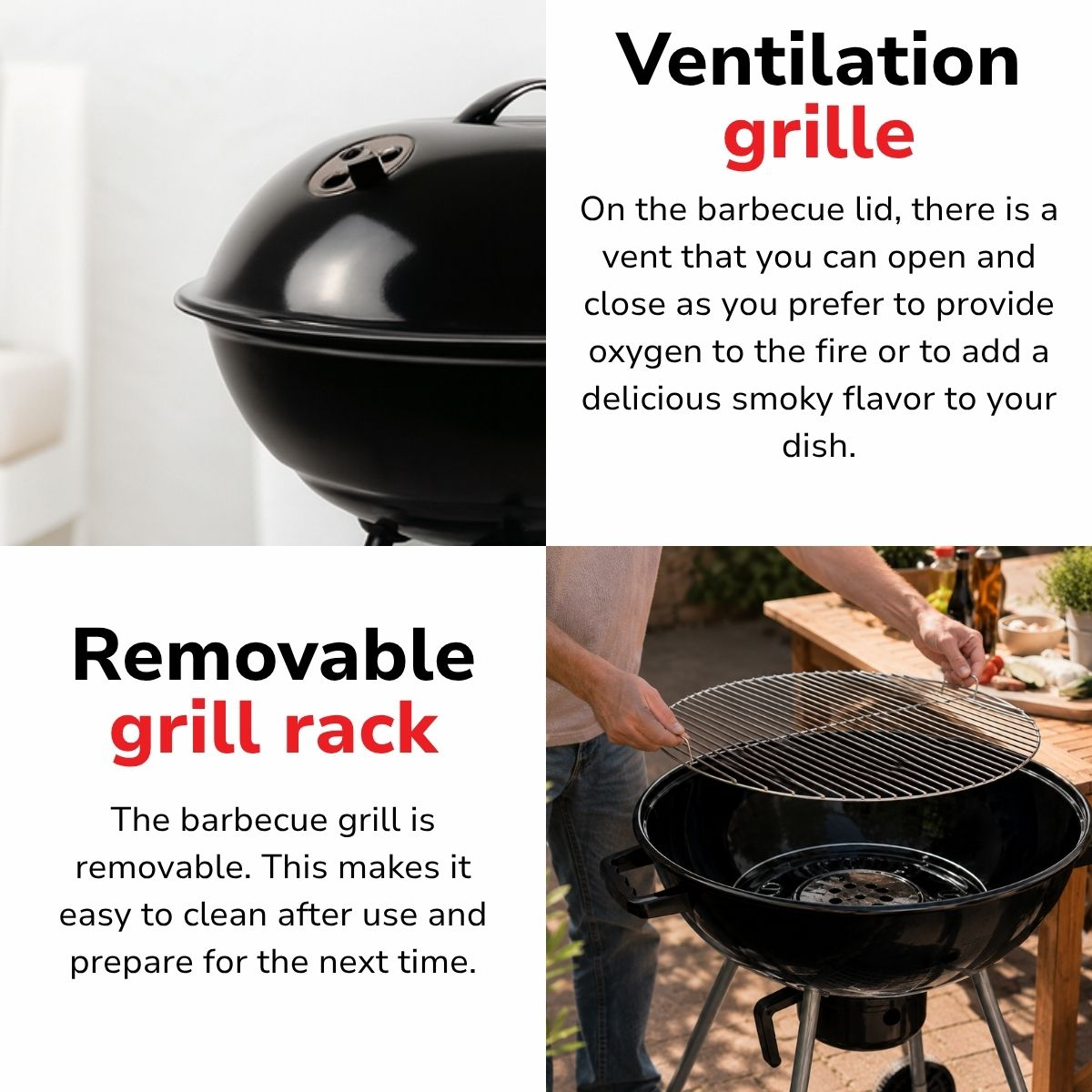 Black kettle barbecue with removable grill rack and lid vent.