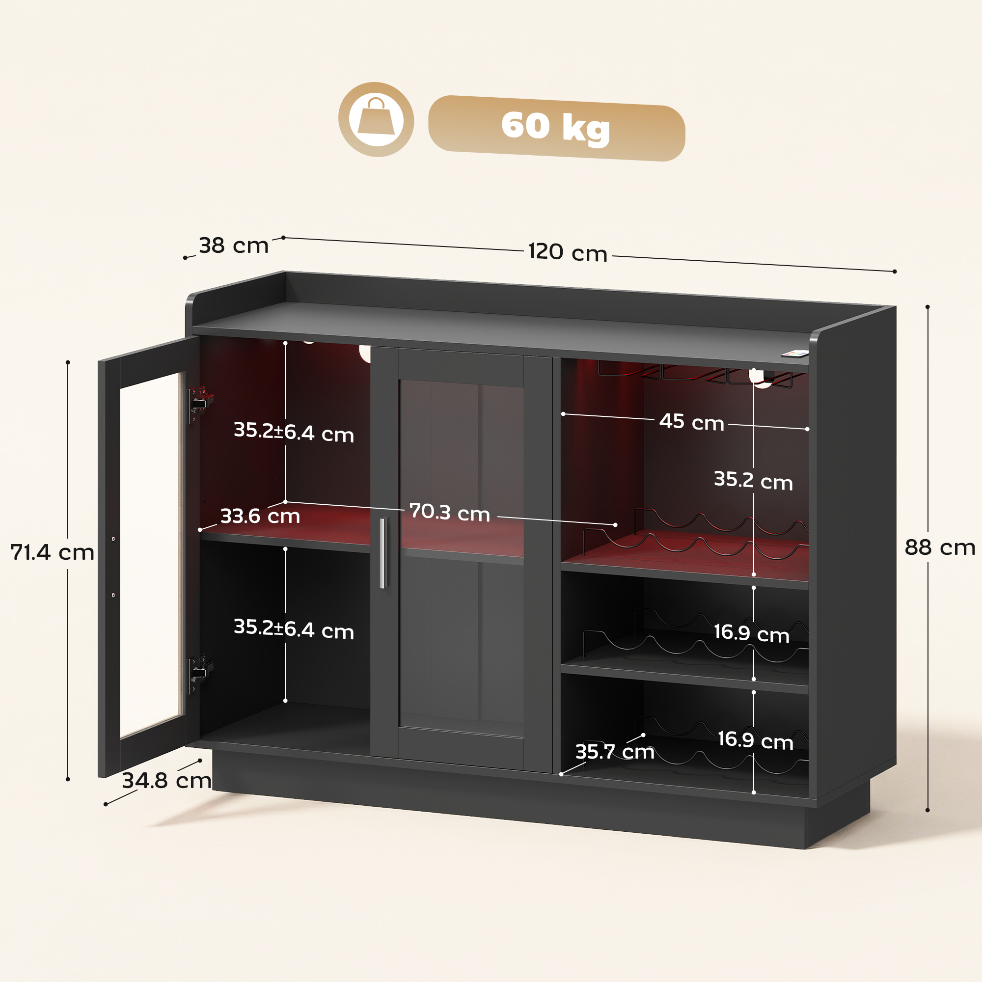 Mobile nero con anta in vetro, 120x38x88cm, capacità 60 kg.