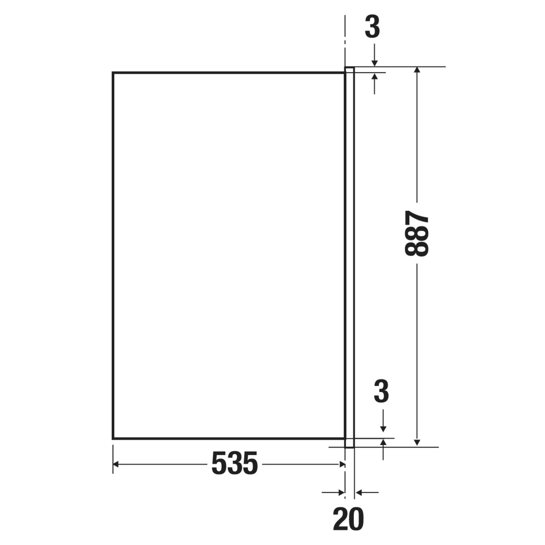 Technische Zeichnung mit Maßen: 535x887mm, mit 3mm und 20mm Abständen.