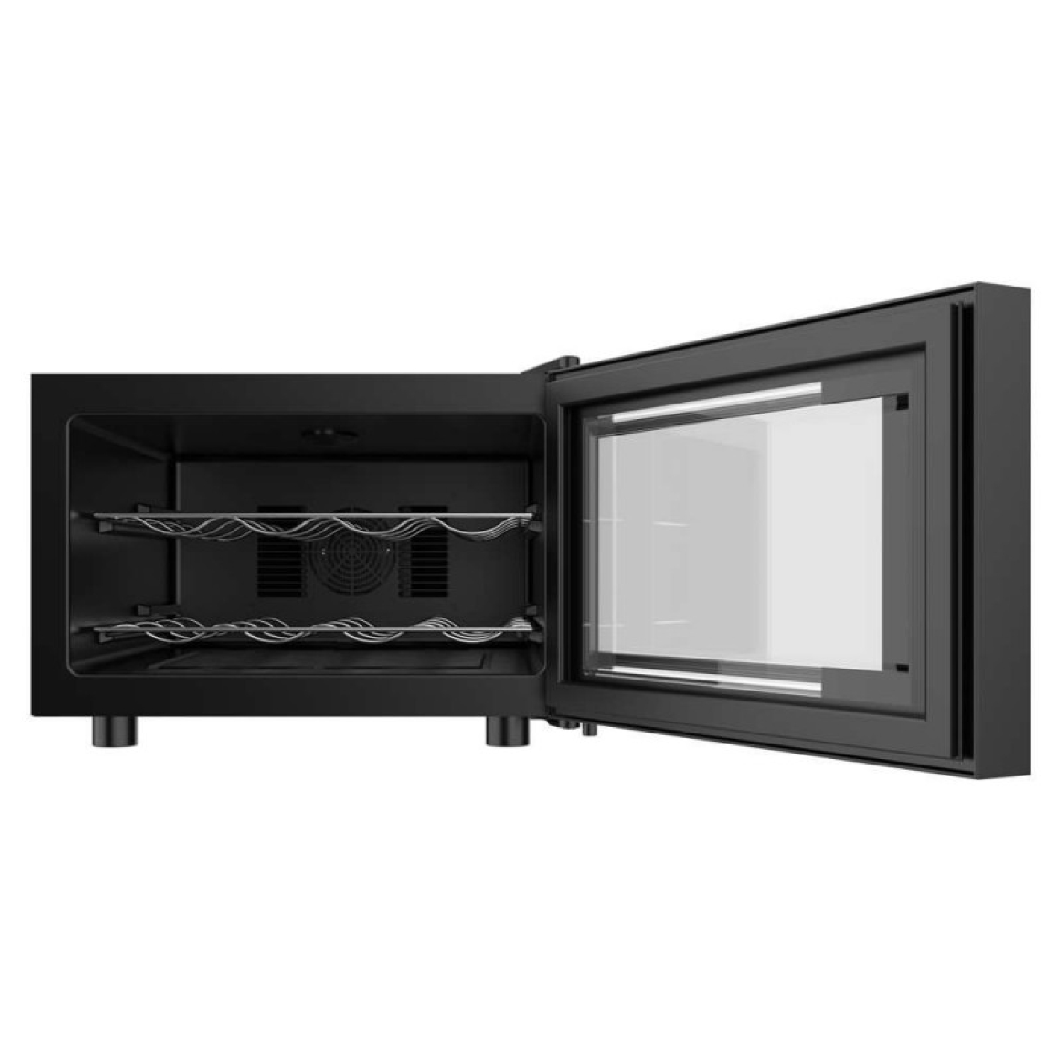 Un refrigeratore per vino nero con porta aperta, che rivela mensole e un frontale in vetro.