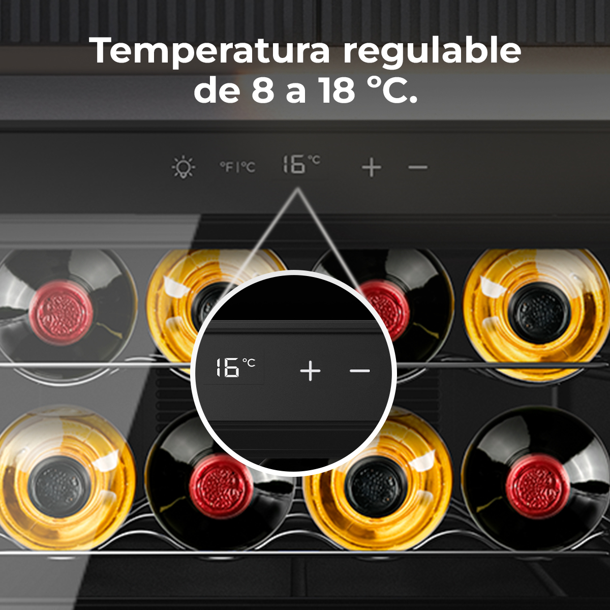 Cantinetta con display a 16°C e bottiglie.