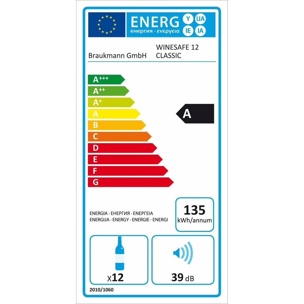 Étiquette d'efficacité énergétique pour cave à vin : Classe A, 135 kWh/an, 39 dB de bruit, capacité 12 bouteilles.