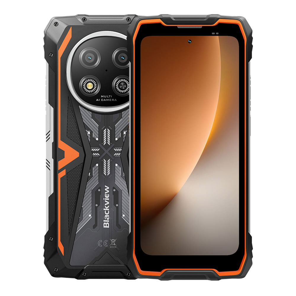 Smartphone robusto con scocca nera, accenti arancioni e tripla fotocamera.