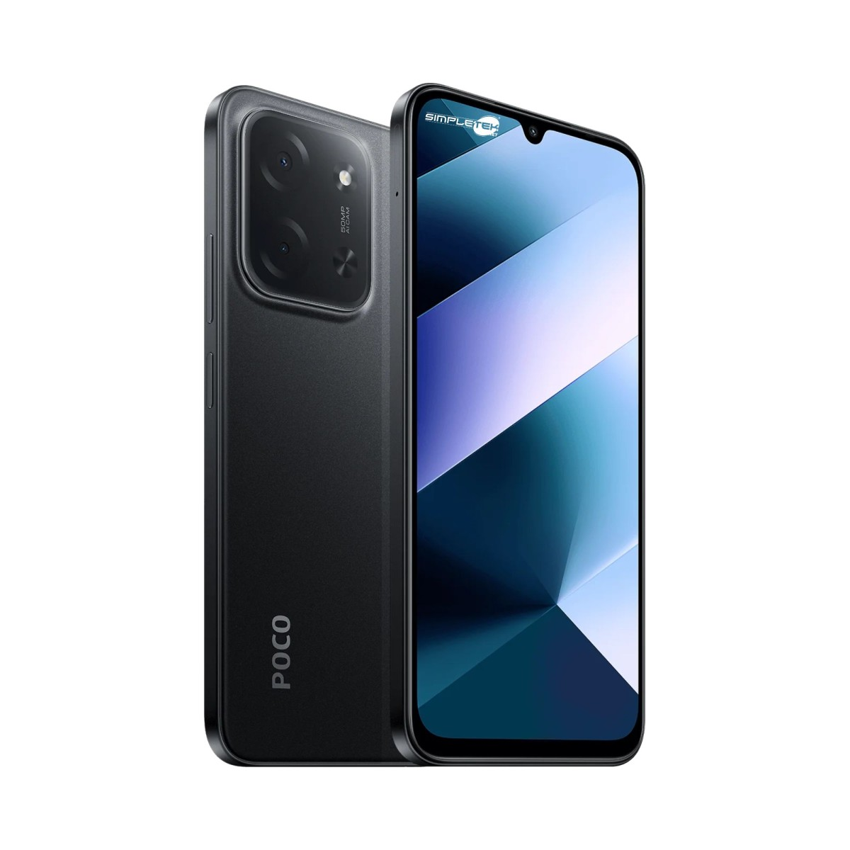 Smartphone nero con logo POCO, retro con tre fotocamere, display frontale.