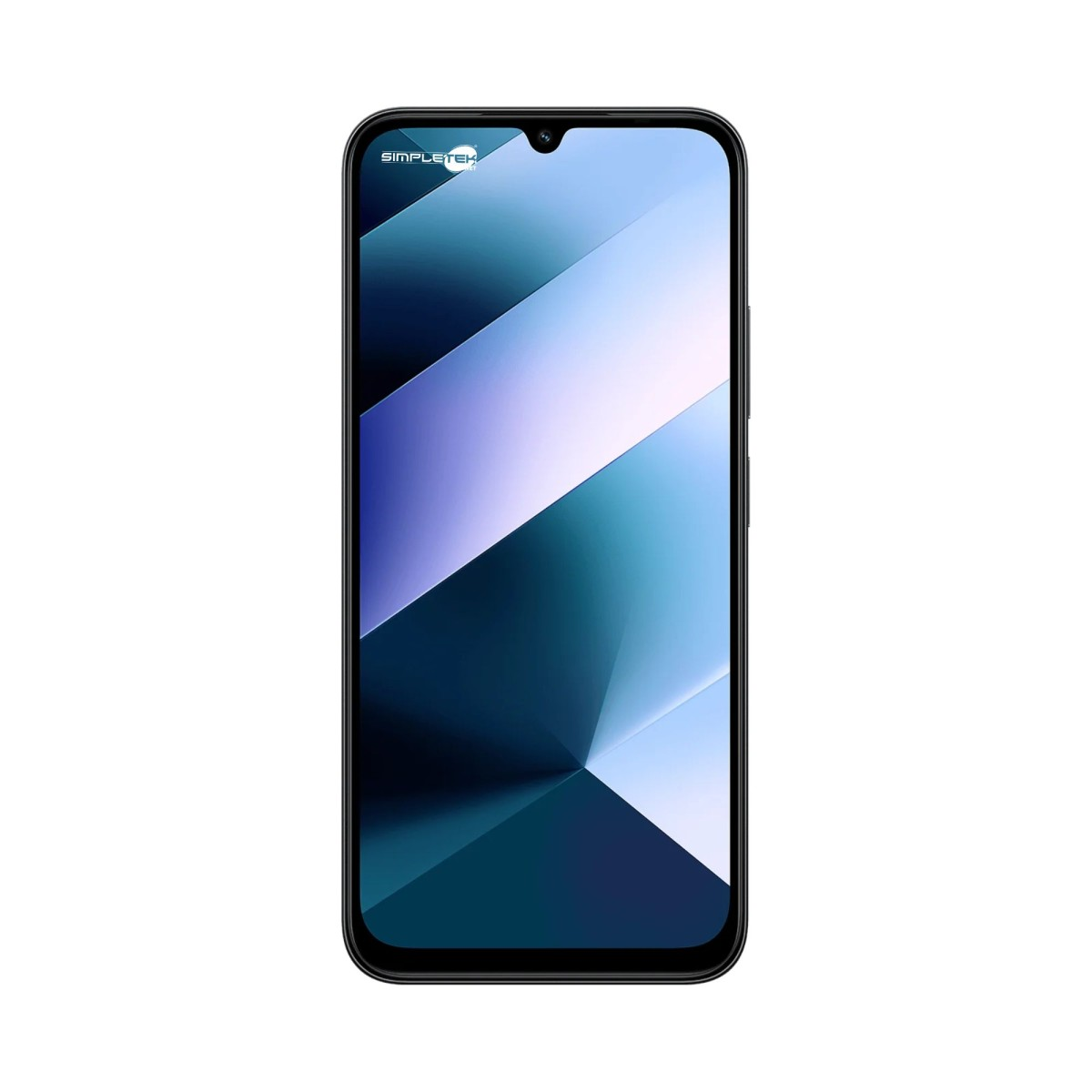 Uno smartphone con uno sfondo astratto blu e bianco.