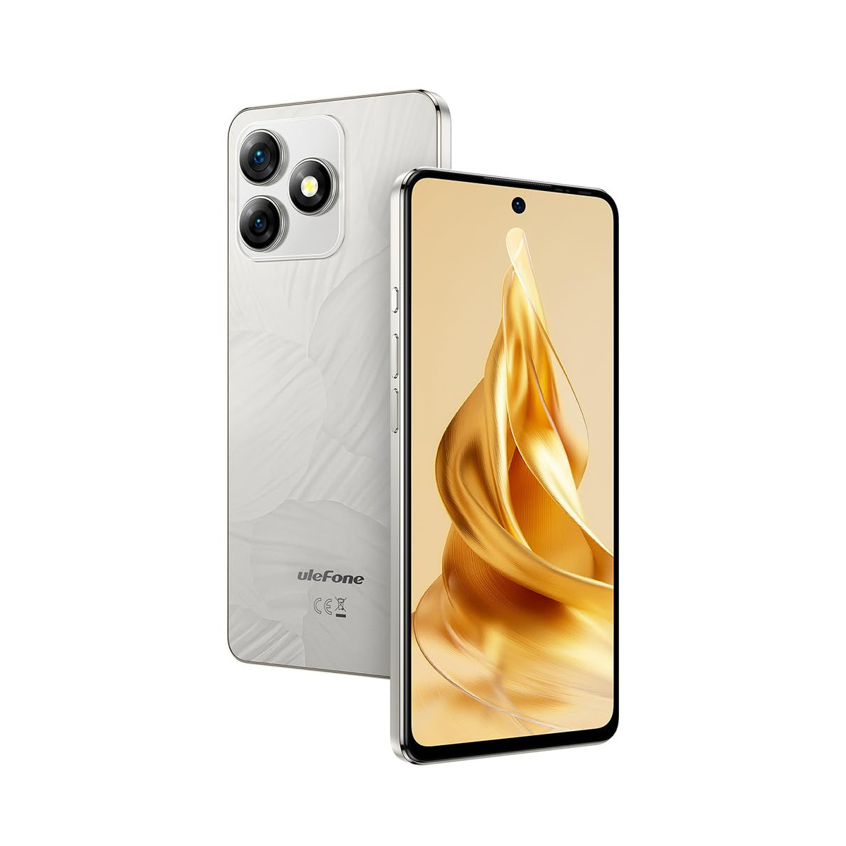 Uno smartphone bianco con tre fotocamere posteriori e un motivo di tessuto dorato sullo schermo.