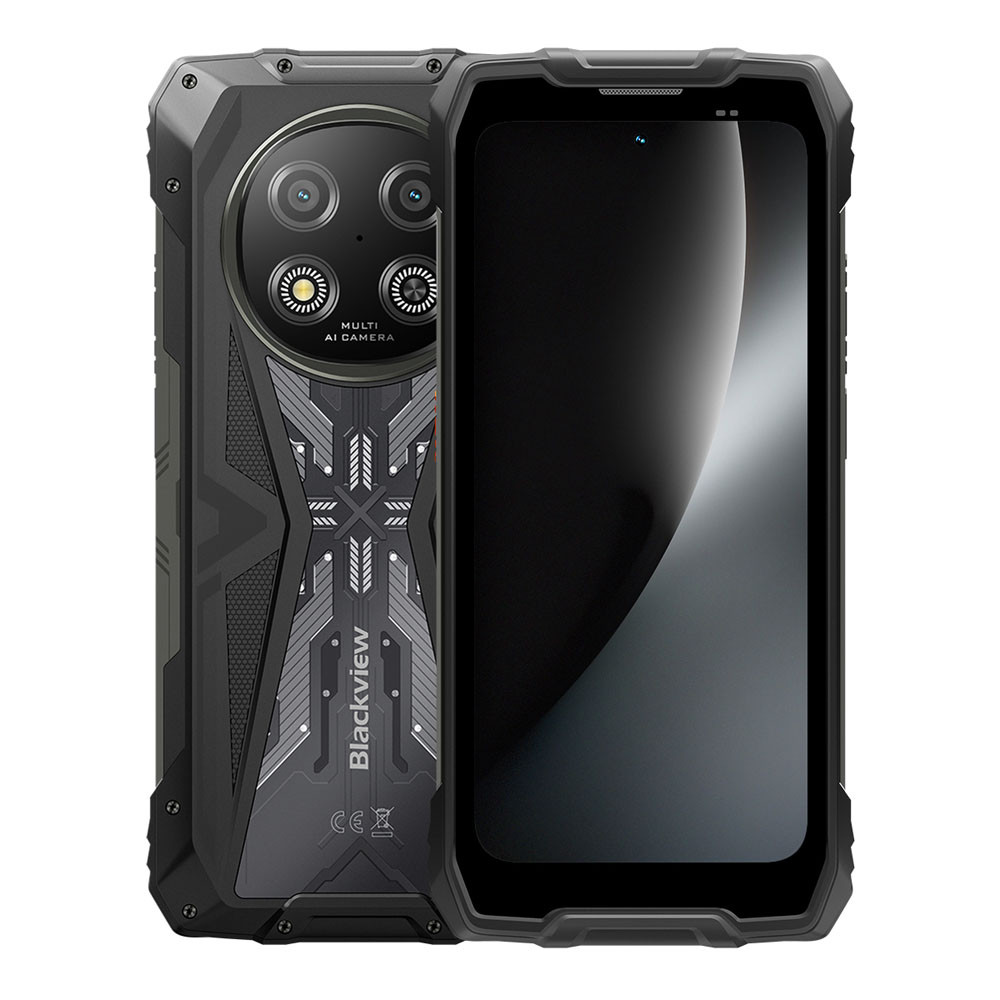 Uno smartphone robusto nero con fotocamera multi AI sul retro e schermo vuoto.