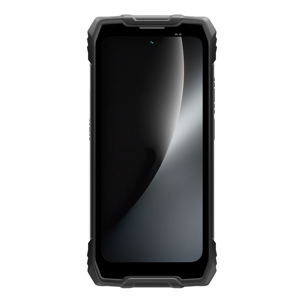 Uno smartphone nero robusto con schermo scuro e luce riflessa.