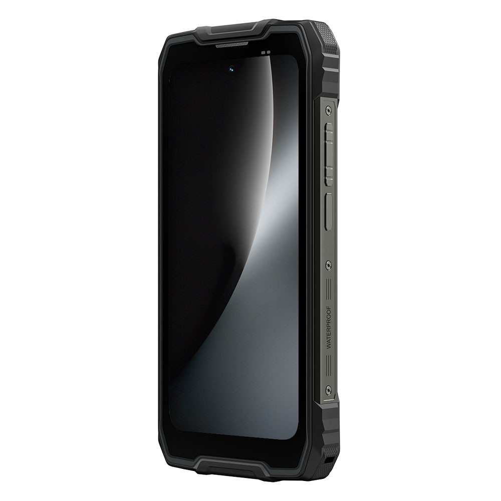 Smartphone robusto con schermo nero e pulsanti laterali grigi.